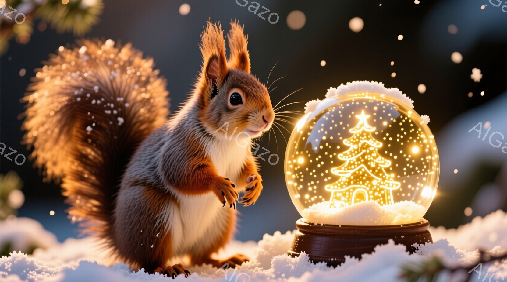 赤褐色のリスが雪の上に立ち、光り輝くクリスマスのスノーグローブを見つめている。リスはふっくらとした体を持ち、大きなふさふさの尻尾が特徴的で、好奇心とわずかな警戒心を示した表情をしている。背景は暗い森で - AI生成フリー素材