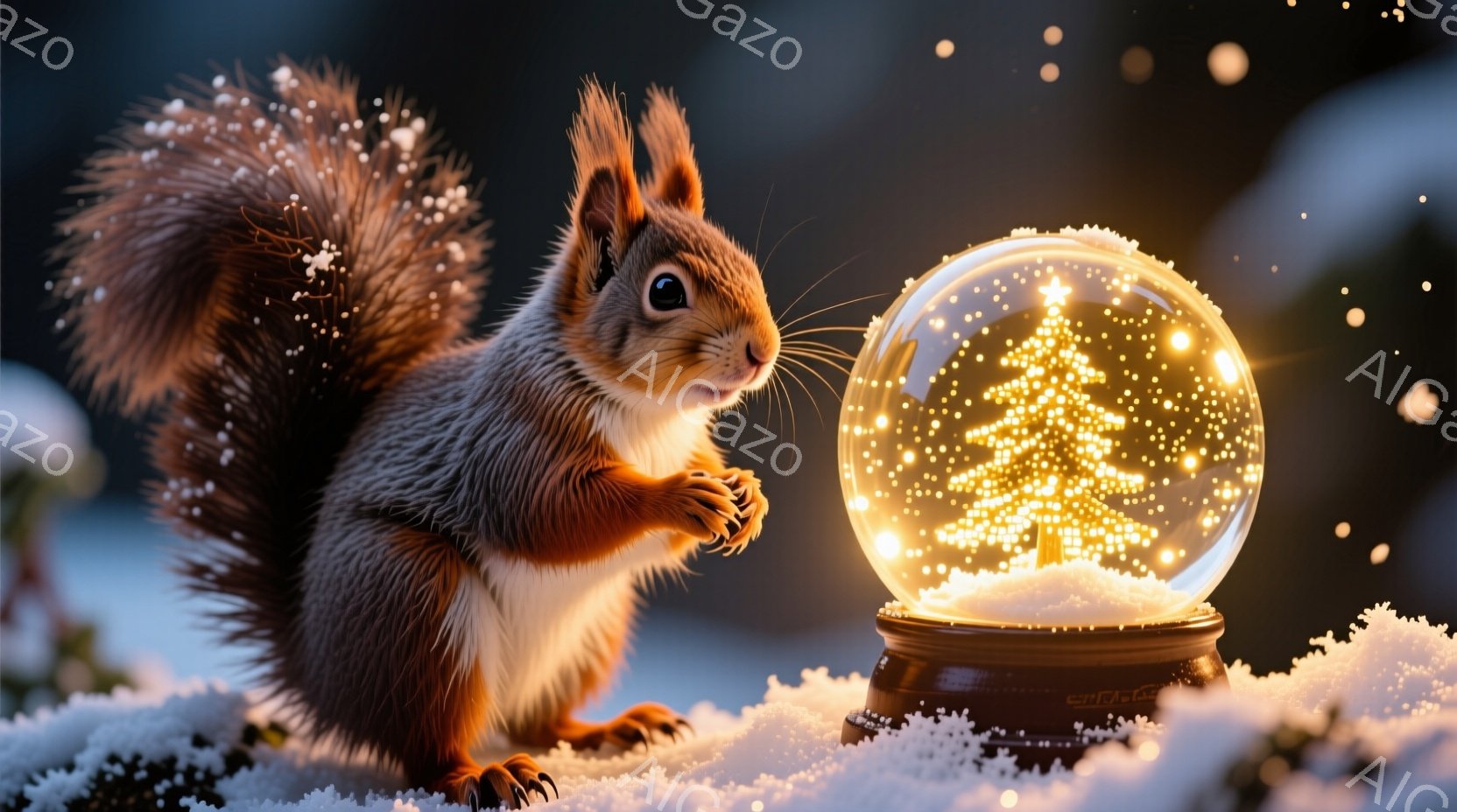 赤褐色のリスが雪の上に立ち、キラキラと光るスノーグローブを見つめている。リスは前足を揃えて少し身を乗り出し、好奇心と少しの緊張が入り混じった表情をしている。背景にはぼやけた木々と雪が舞っており、幻想的 - AI生成フリー素材