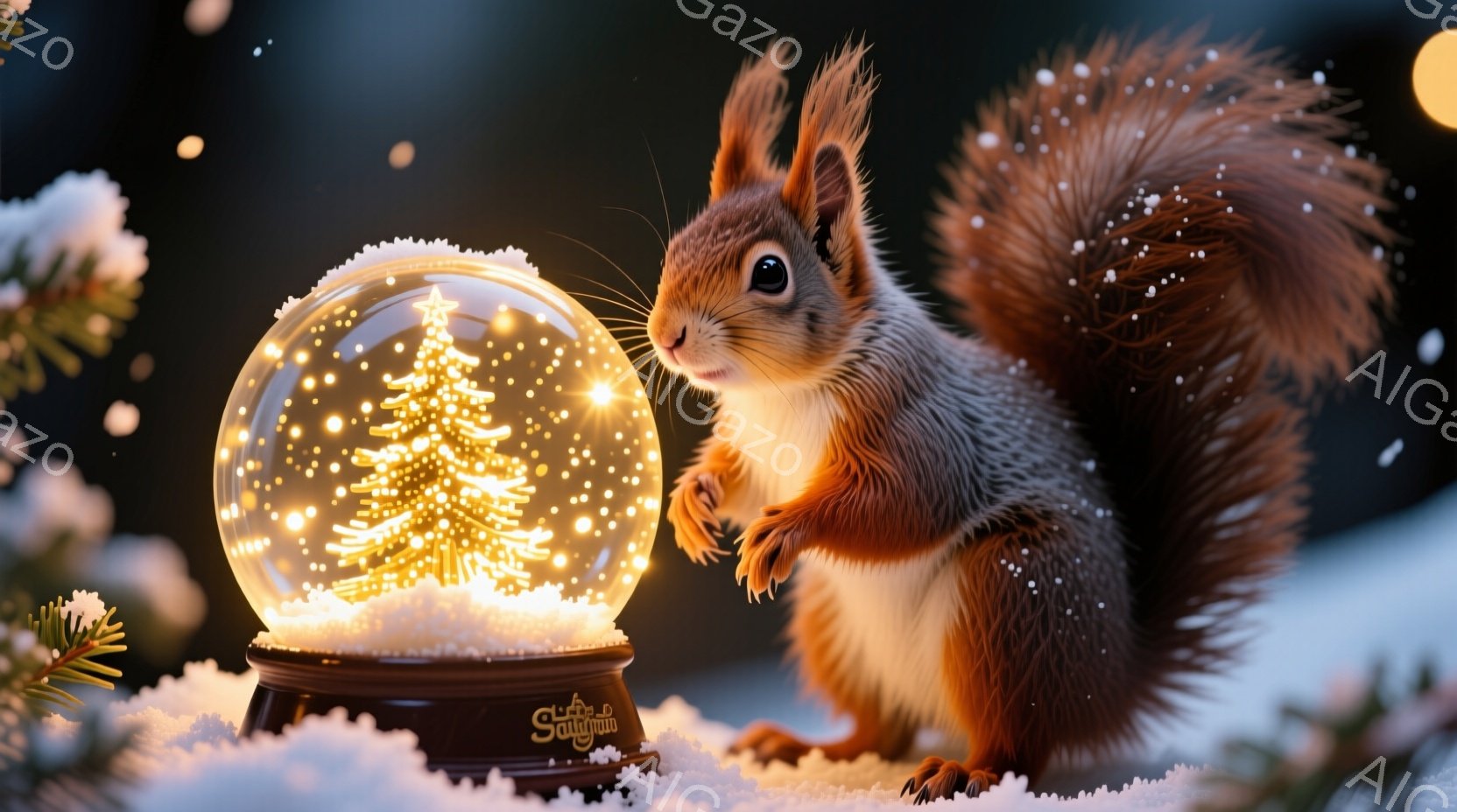 赤褐色のリスが、雪が降り積もった地面に立ち、片方の前足で光り輝くクリスマスツリーが入った雪球を抱えています。リスは好奇心に満ちた表情で雪球を見つめ、ふさふさとした尾は美しく広がっています。背景にはぼやけた緑色の植物と、細かい雪が舞う冬の景色が広がっており、温かく幻想的な雰囲気を醸し出しています。