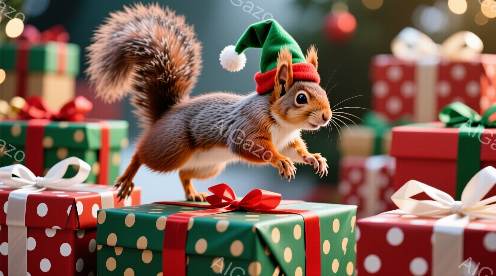 リスがプレゼントボックスの上を走り抜けています。リスは赤い縁取りが施された緑のサンタ帽子をかぶり、陽気な表情をしています。背景には、さまざまなサイズのラッピングされたプレゼントボックスが積み重なり、ぼ - AI生成フリー素材