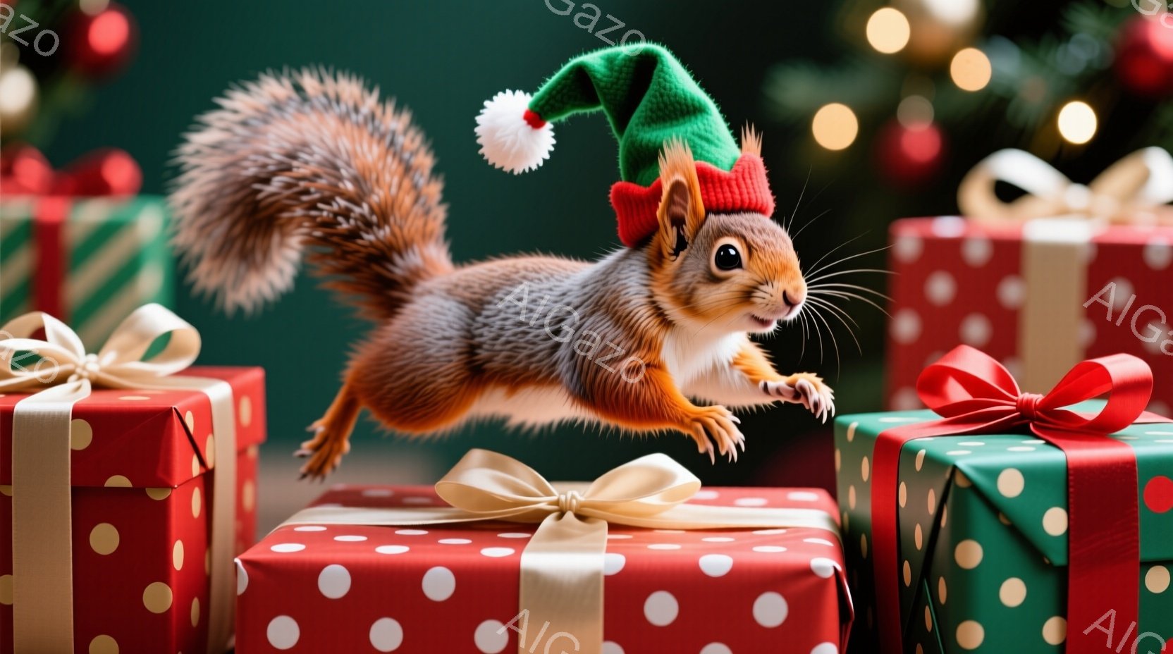 リスがクリスマスプレゼントの山の上を飛び越えている様子が描かれています。リスは赤い縁取りの緑のサンタ帽子を被っており、明るい表情で楽しそうにジャンプしています。背景には様々な色の包装紙で飾られたプレゼ - AI生成フリー素材
