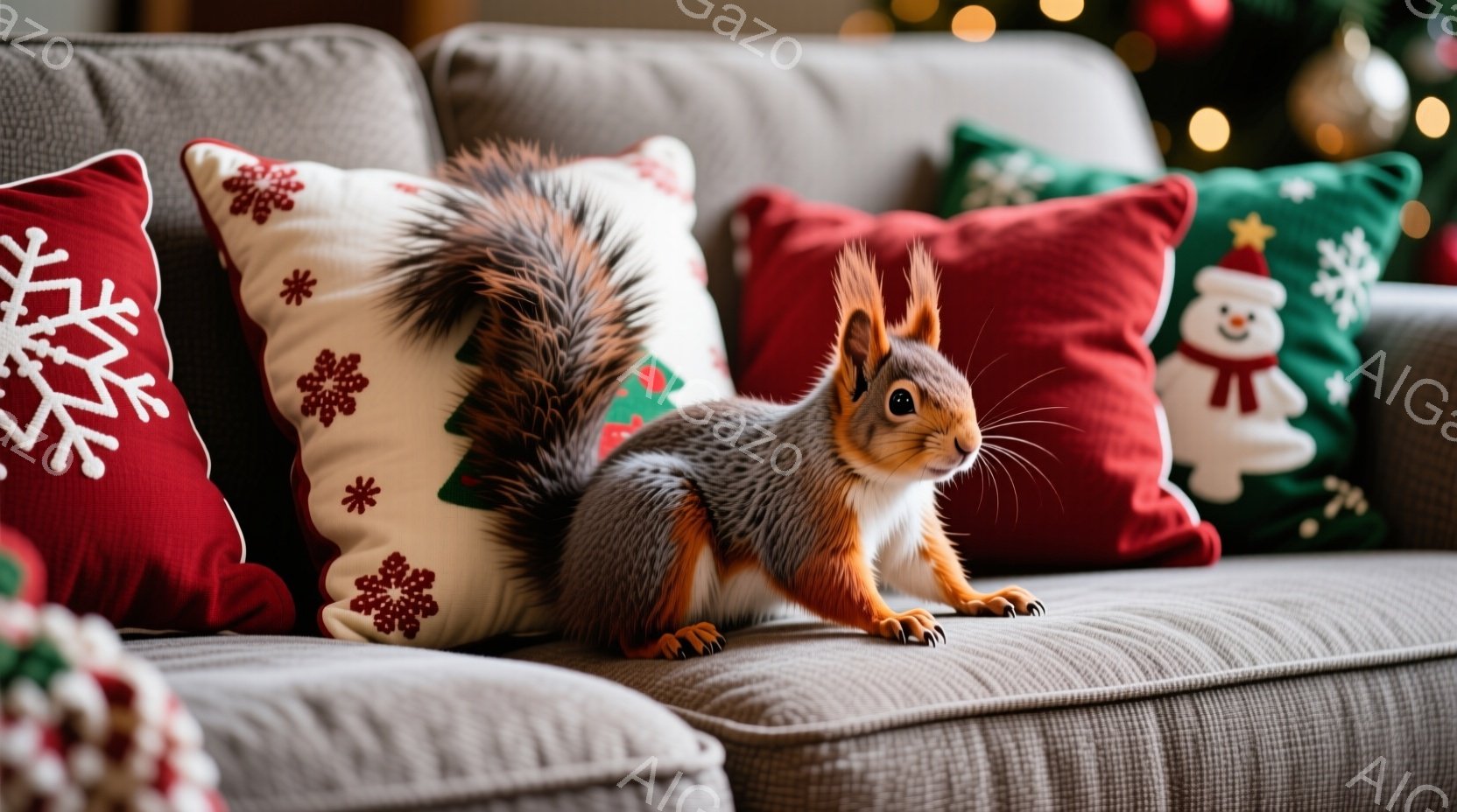 茶色の毛並みを持つリスが、クリスマスを思わせる赤い模様のクッションが並んだ灰色のソファに座っています。リスは前足を揃えて座り、ふわふわとした尻尾を大きく広げています。背景にはぼやけたクリスマスツリーの光が見え、全体的に暖かく、お祝いの雰囲気です。