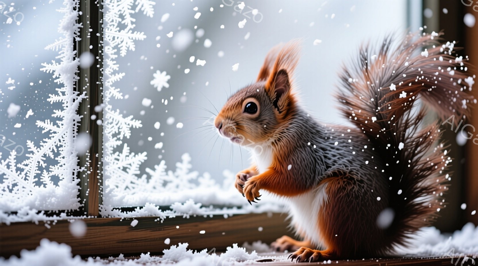 赤褐色の毛並みを持つリスが、雪の降る窓辺に座ってこちらを見ています。ふわふわとした長い尻尾が特徴的で、前足は体につけて少し控えめなポーズをとっています。背景は雪景色で、窓には雪の結晶が降り積もり、冬の静かで幻想的な雰囲気を醸し出しています。