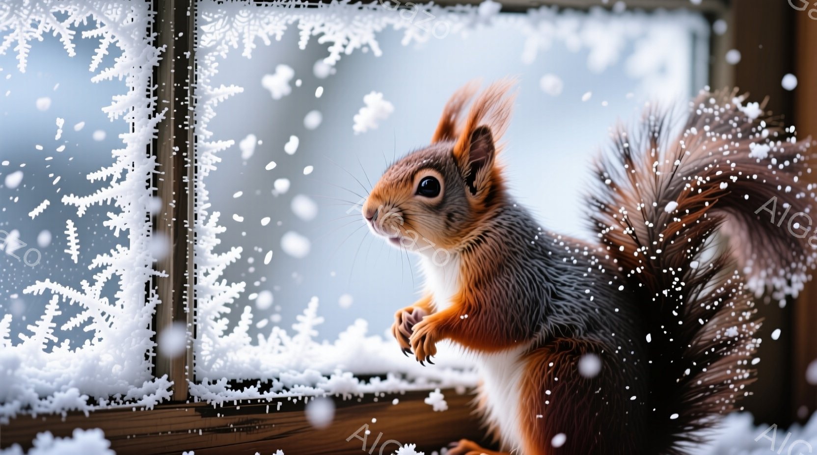 赤褐色の毛並みを持つリスが、雪で覆われた窓枠に前足をかけて立っている。リスはカメラに向かって好奇心旺盛な表情で、片足を少し浮かせており、冬の雪景色を背景に可愛らしい姿を見せている。雪片が舞い、暖かく幻想的な雰囲気を醸し出している。