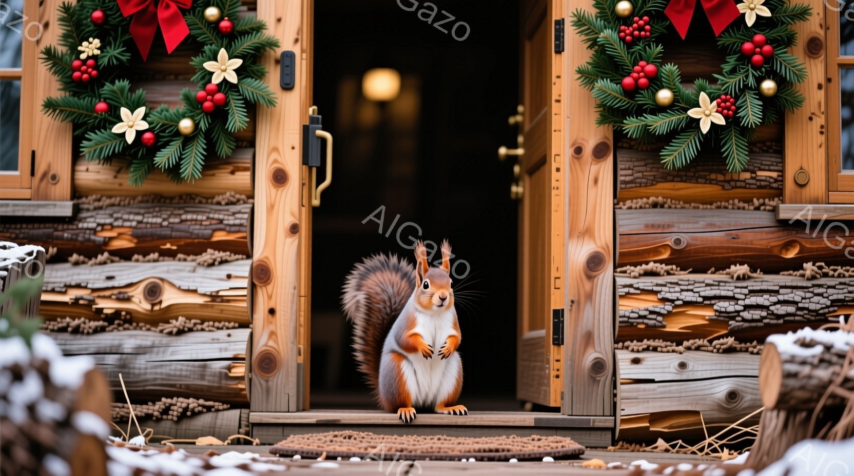 赤褐色のリスが、木製のドアの前で前足を組み、こちらを見つめています。ドアは丸太組みの建物の一部で、クリスマスリースが飾られ、雪が積もった自然な背景が広がっています。全体的に温かく、可愛らしい冬の雰囲気です。