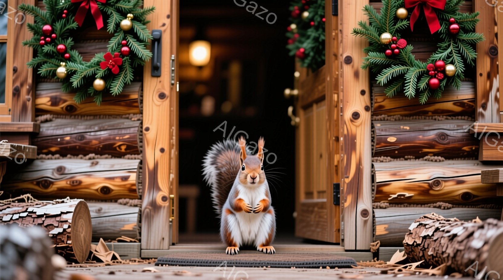 赤毛のリスが、木製のドアの前に立ち、前足を抱え、こちらを見つめています。ドアは丸太でできており、クリスマス風の飾り付けが施されたリースが飾られています。背景には、暖かく、冬の雰囲気を醸し出す丸太が積み上げられ、穏やかな季節の到来を告げています。