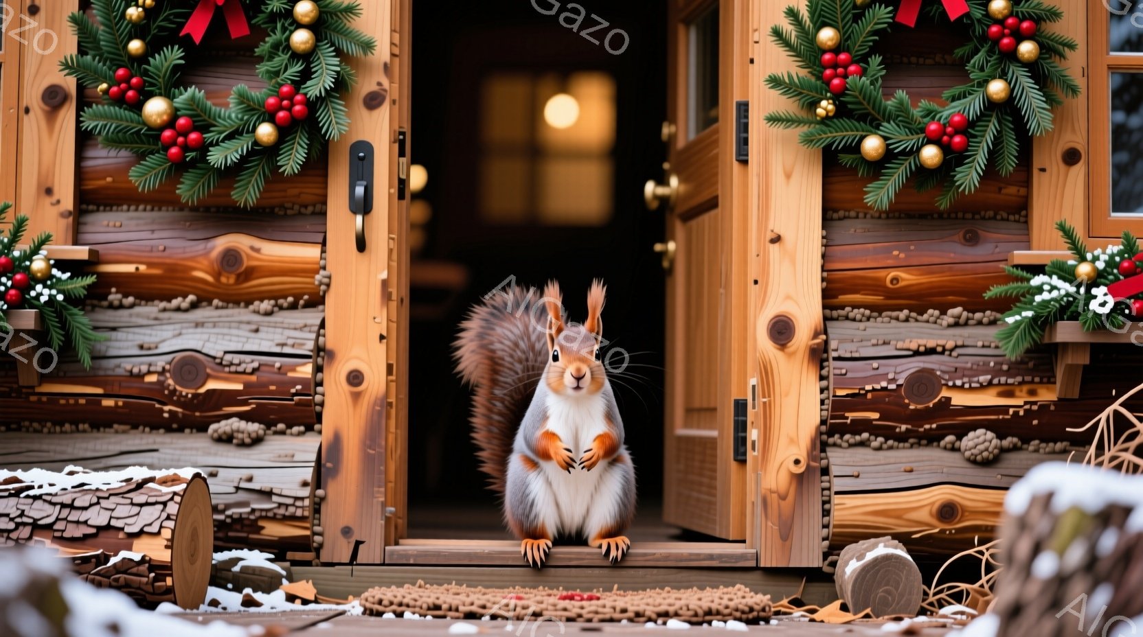 暖炉のような木製のドアの前に、可愛らしいリスが立っている。リスは前足を揃えてまっすぐ前を見つめ、まるでモデルのようにポーズをとっている。背景には雪が積もり、ドアにはクリスマスリースが飾られ、冬の暖かくお祝いの雰囲気を醸し出している。