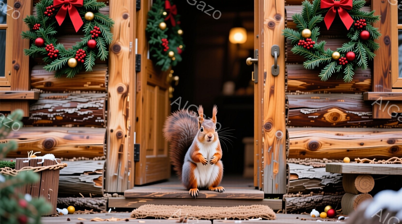 赤毛のリスが木造の家の入り口で前足を揃えて立っている。背景にはクリスマスリースが飾られ、家の周囲は雪に覆われた冬の風景が広がっている。暖かく、お祝いの雰囲気でありながら、どこか静かで牧歌的な印象を与える写真である。