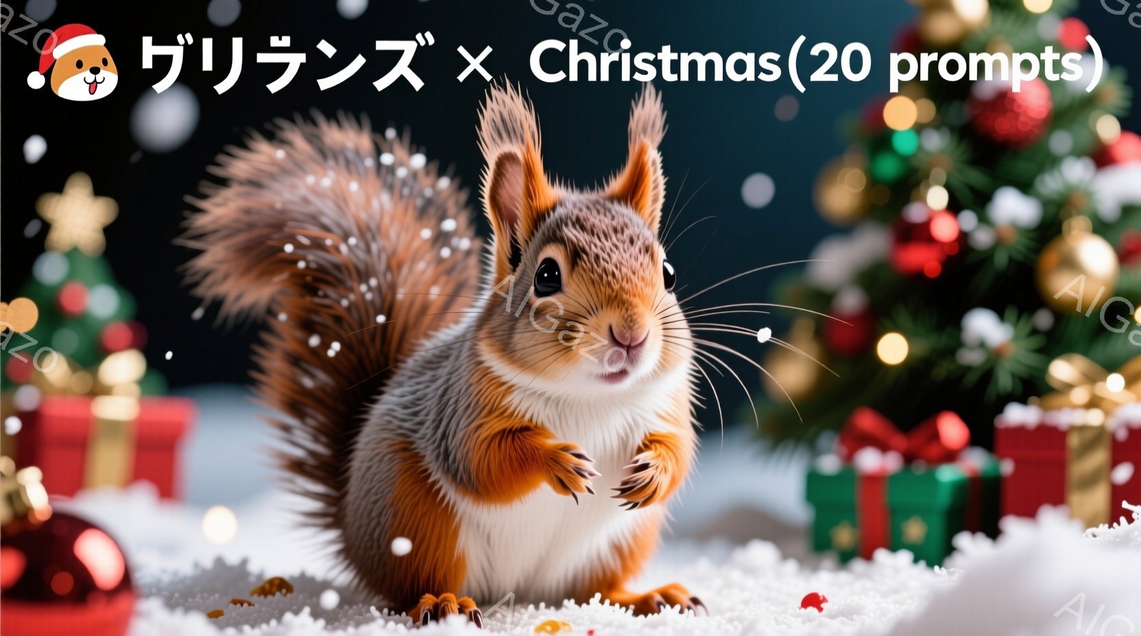 リスが雪の上に立ち、正面を見つめています。ふさふさとした茶色の毛並みと、大きな瞳が特徴的です。背景には、緑、赤、金色のプレゼントボックスが並び、雪が舞う冬のクリスマスの雰囲気を醸し出しています。 - AI生成フリー素材