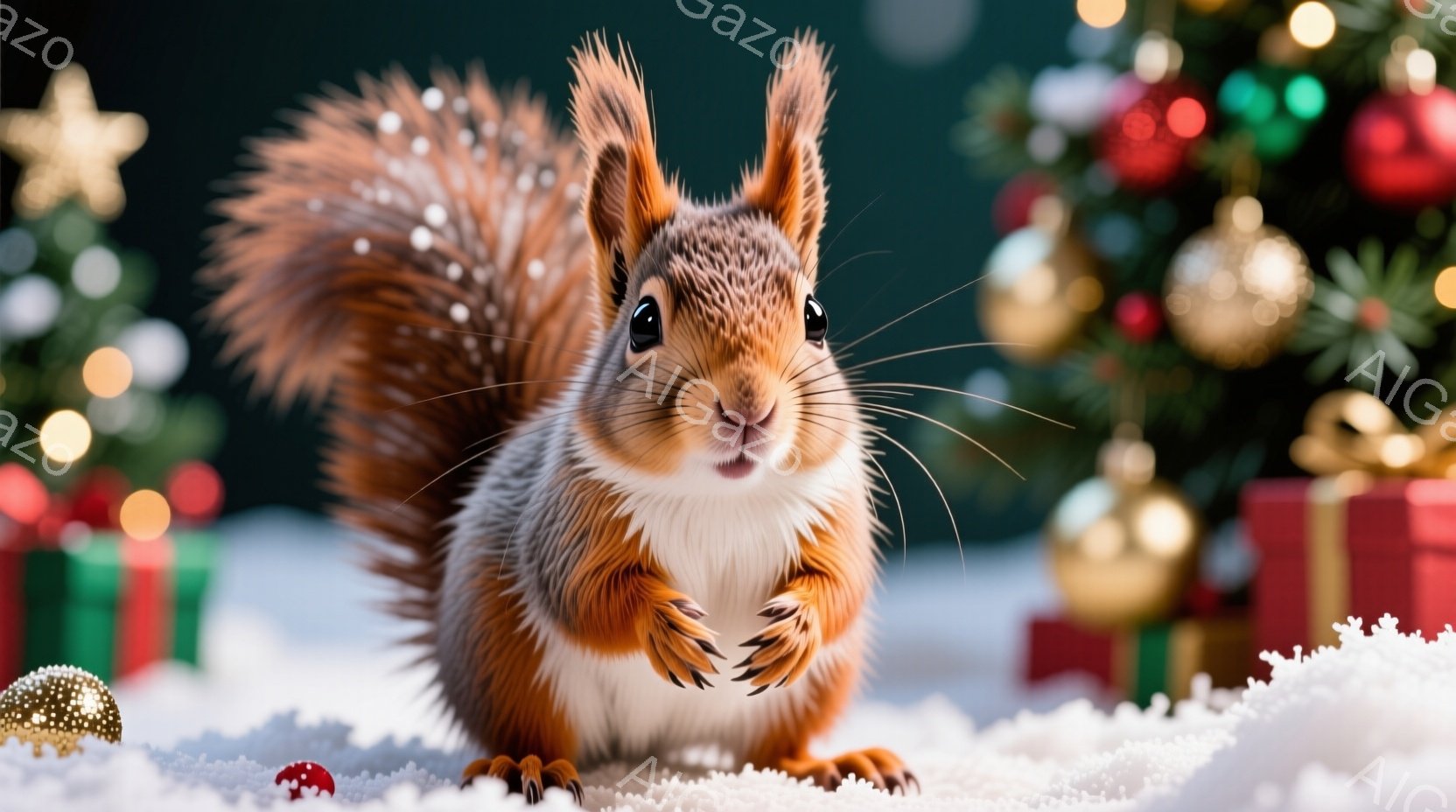 厚い毛皮を持つリスが、雪の上に座ってこちらを見つめています。そのリスは、前足を少し上げており、可愛らしい表情をしています。背景には、クリスマスツリーとプレゼントの箱が飾られており、キラキラと輝く光が降 - AI生成フリー素材