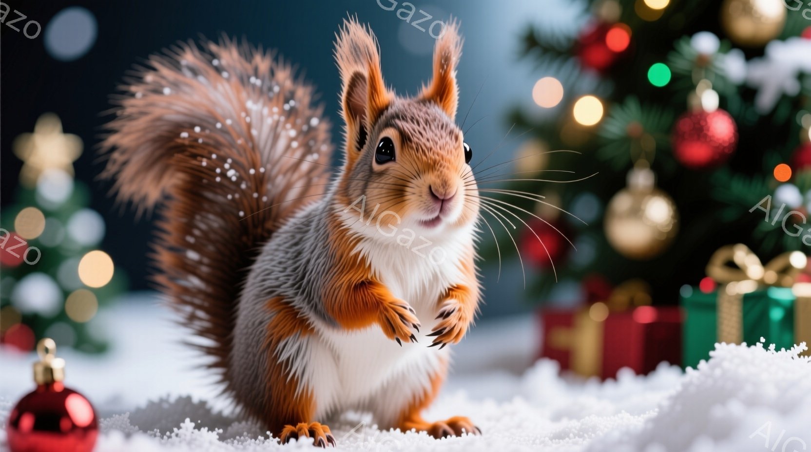 赤褐色のリスが雪の上に座り、前足を高く上げています。背景にはクリスマスツリーやプレゼントボックスがぼやけており、キラキラとした照明が暖かく冬の雰囲気を演出しています。雪が舞い散っており、全体的に穏やか - AI生成フリー素材