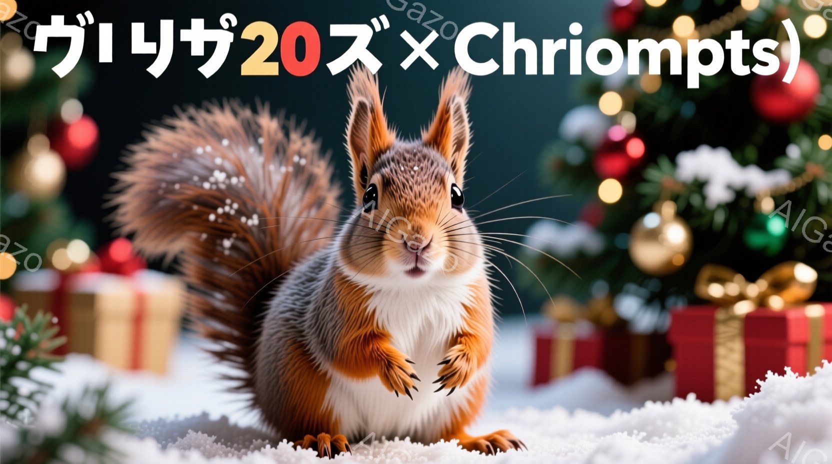 鮮やかな赤褐色の毛並みを持つリスが、雪の上に前足を伸ばして座っています。背景には、赤や金色のオーナメントで飾られたクリスマスツリーと、ラッピングされたプレゼントの箱がぼんやりと見え、冬のホリデースピリットを感じさせます。リスは少し顔を傾け、好奇心と可愛らしさを湛えた表情をしています。