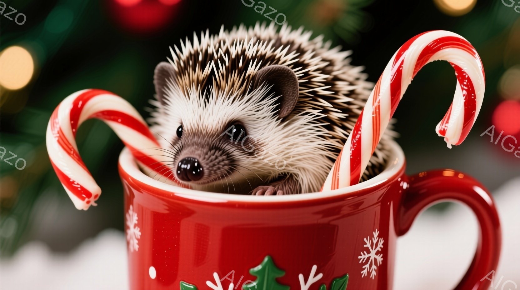 赤いマグカップの中に、小さなハリネズミが丸まって入っています。周りにはキャンディケーンが添えられ、背景には緑の植物やぼやけたクリスマスツリーの飾りが見え、冬の暖かく可愛らしい雰囲気を醸し出しています。 - AI生成フリー素材