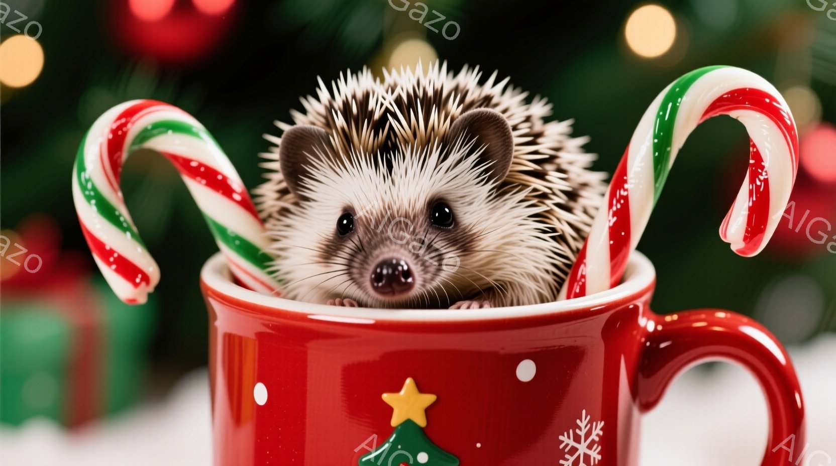 かわいいハリネズミが赤いクリスマス柄のマグカップの中に座っています。その周りにはキャンディケーンが挿され、背景には緑色のぼやけたクリスマスツリーやプレゼントが見え、雪が降っているような白い粒子が散りばめられています。全体的に暖かく、お祝いムードにあふれた、可愛らしい雰囲気です。
