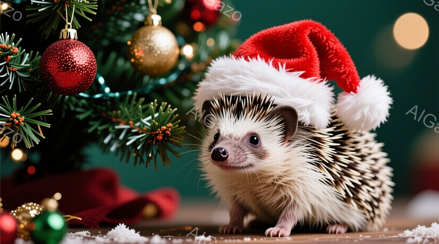 可愛らしいハリネズミが、赤いサンタ帽を被って木製の台の上に立っています。背景には緑色のクリスマスツリーと輝くオーナメントが飾られ、雪が舞う冬の雰囲気が漂っています。ハリネズミは少し緊張した表情でカメラを見つめ、可愛らしい冬の光景を作り出しています。