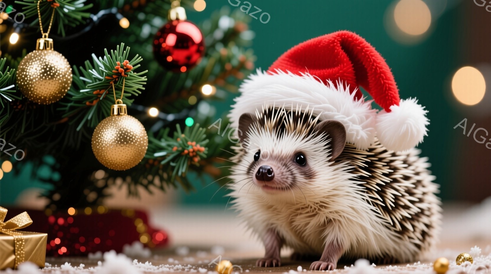 ハリネズミがクリスマスツリーの前に座り、赤いサンタの帽子をかぶっている。その表情は可愛らしく、正面を見つめている。背景には緑のクリスマスツリー、金色のオーナメント、そして雪が舞う様子が描かれており、温かくお祝いムード満点の雰囲気である。