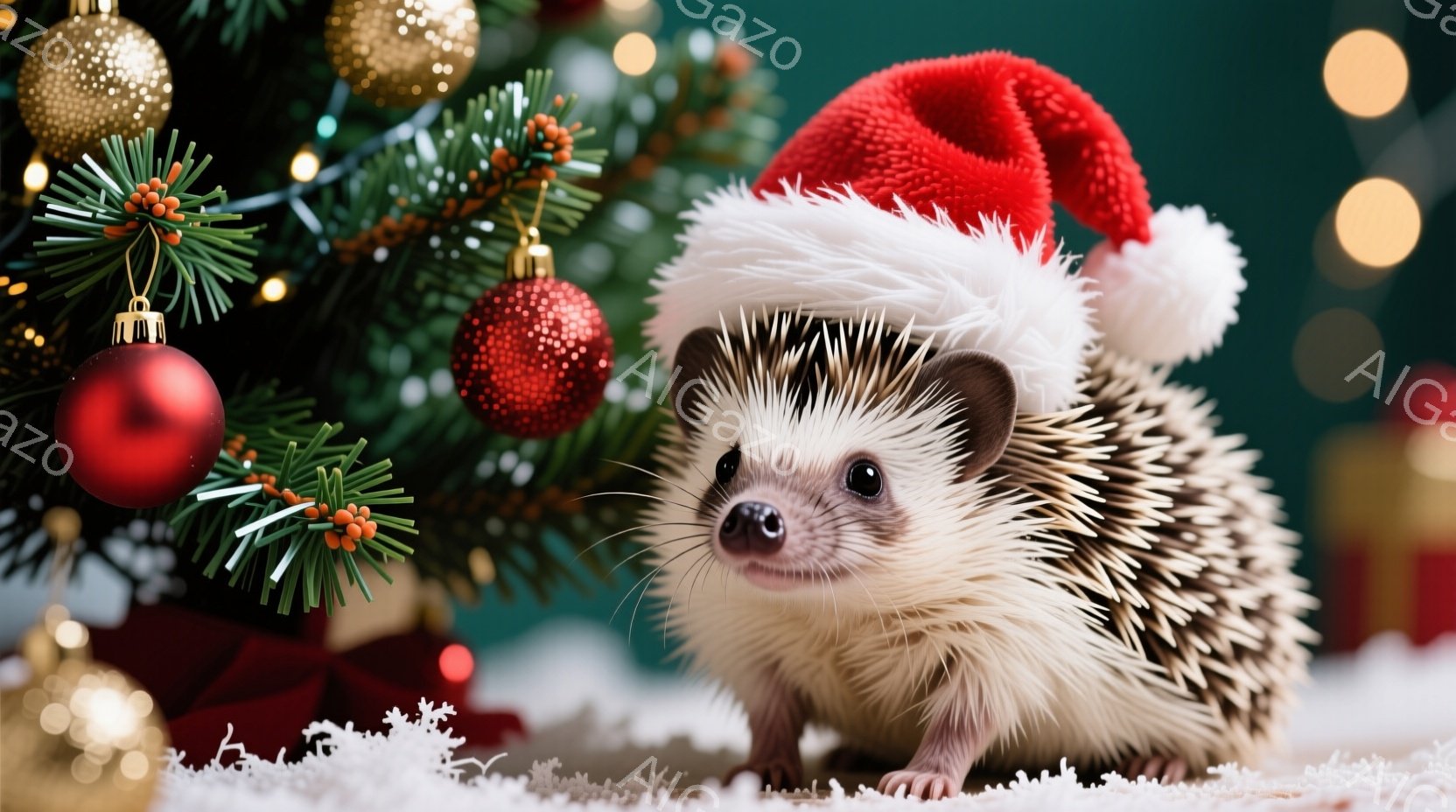 小さなハリネズミがクリスマスツリーのそばで、赤いサンタの帽子をかぶって座っています。背景には緑色のクリスマスツリーと、金色の光が輝くぼかしがあり、雪が降っているように見えます。暖かく、お祝いの雰囲気で、ハリネズミの愛らしい表情が印象的です。