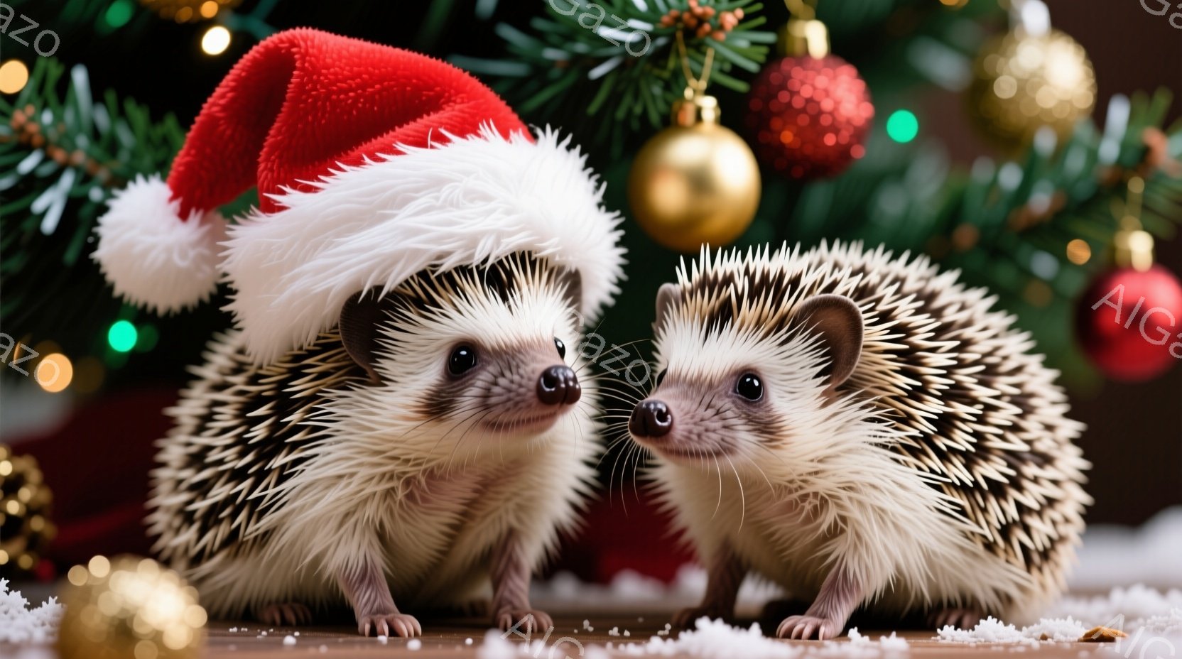 可愛らしいハリネズミが2匹、クリスマスの飾り付けられた背景の中で寄り添っています。片方のハリネズミは赤いサンタの帽子をかぶっており、もう片方は素の姿で、どちらも丸い目でカメラを見つめています。背景にはクリスマスツリーの緑、赤いオーナメント、そしてキラキラと輝く光が散りばめられ、暖かくお祝いムードに包まれています。