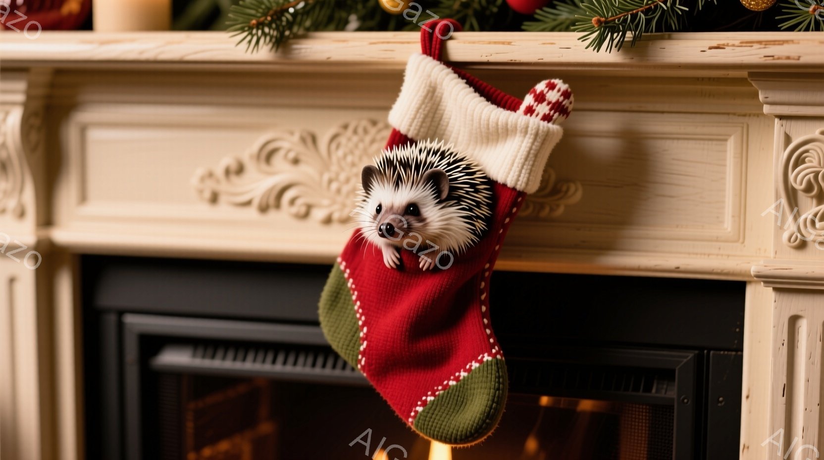 小さなハリネズミが、キラキラと光る金色のリボンとクリスマスツリーの電飾に囲まれています。リボンはハリネズミの周りを巻き付き、小さな足元には緑色の電飾が並んでいます。背景は暗くぼやけており、光の玉が散りばめられており、暖かく幻想的な雰囲気を醸し出しています。