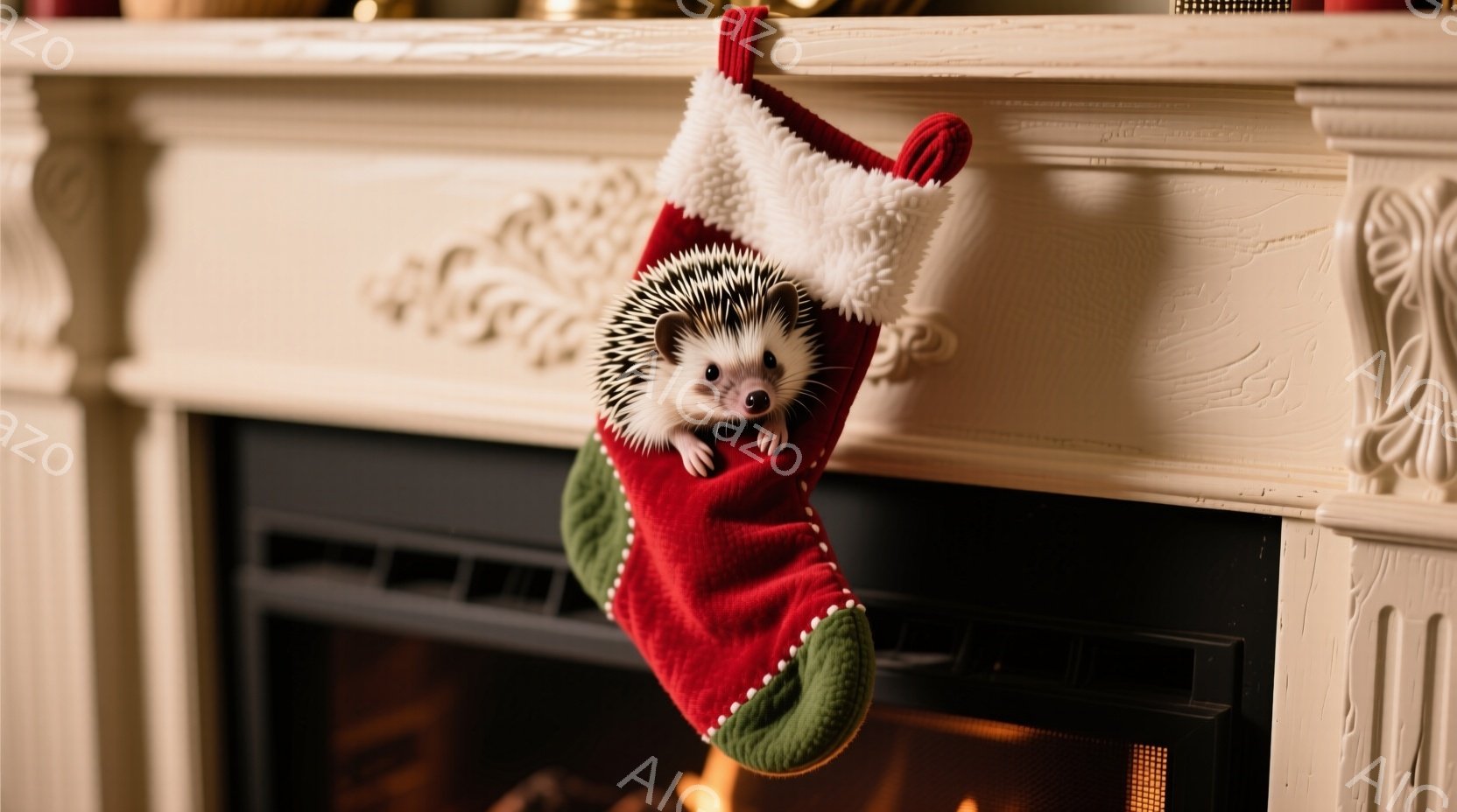 赤いクリスマスストッキングの中に、小さなハリネズミが顔を出している。ハリネズミは好奇心旺盛な表情で、ストッキングの縁からこちらを見ているようだ。背景には暖炉があり、火が灯って温かいクリスマスの雰囲気を演出している。