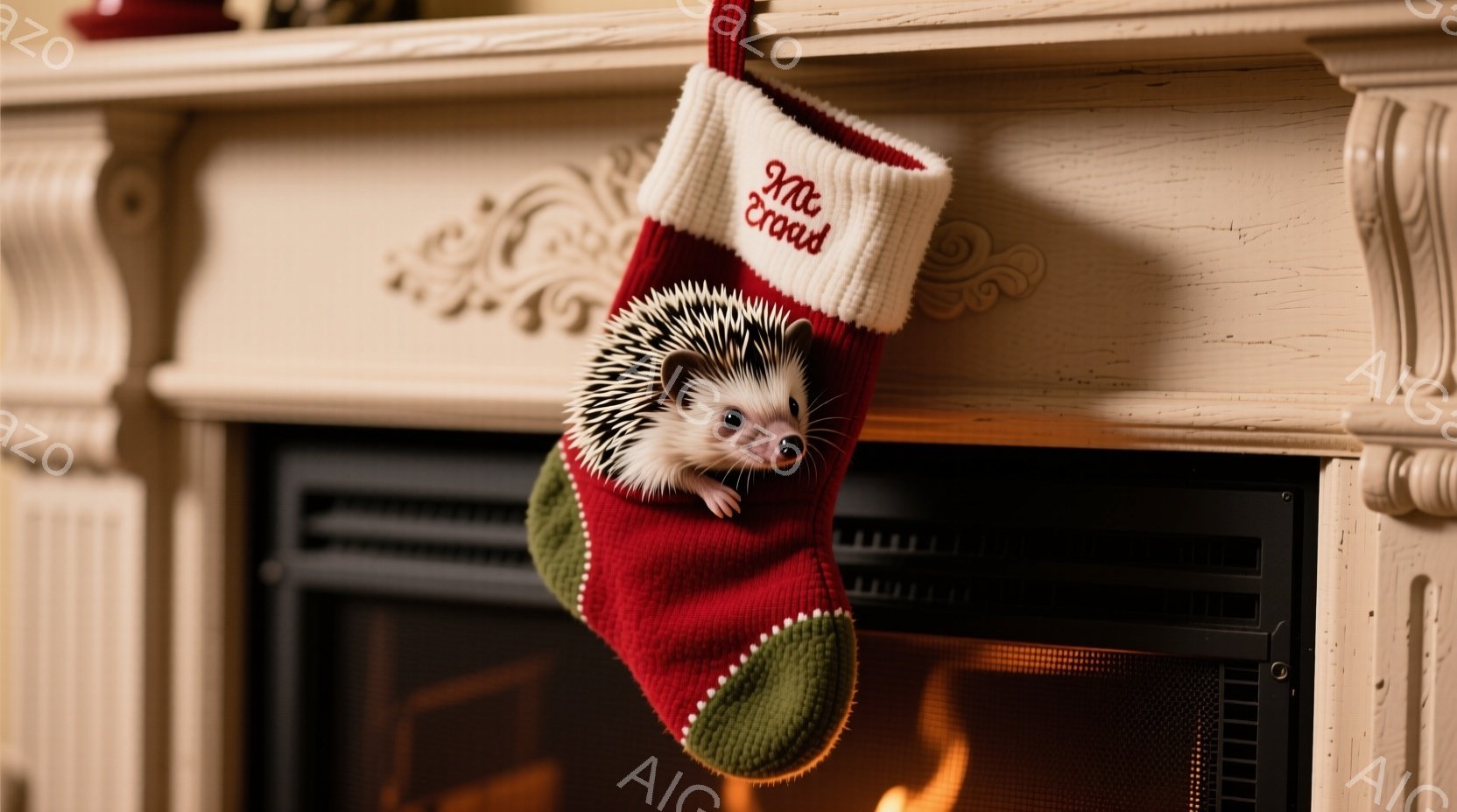 赤いクリスマスストッキングの中に、可愛らしいハリネズミが顔を出しています。ストッキングには「Meeko」と刺繍されており、暖炉のそばに飾られています。背景には暖炉の炎が見え、全体的に温かく、クリスマスの雰囲気が漂っています。