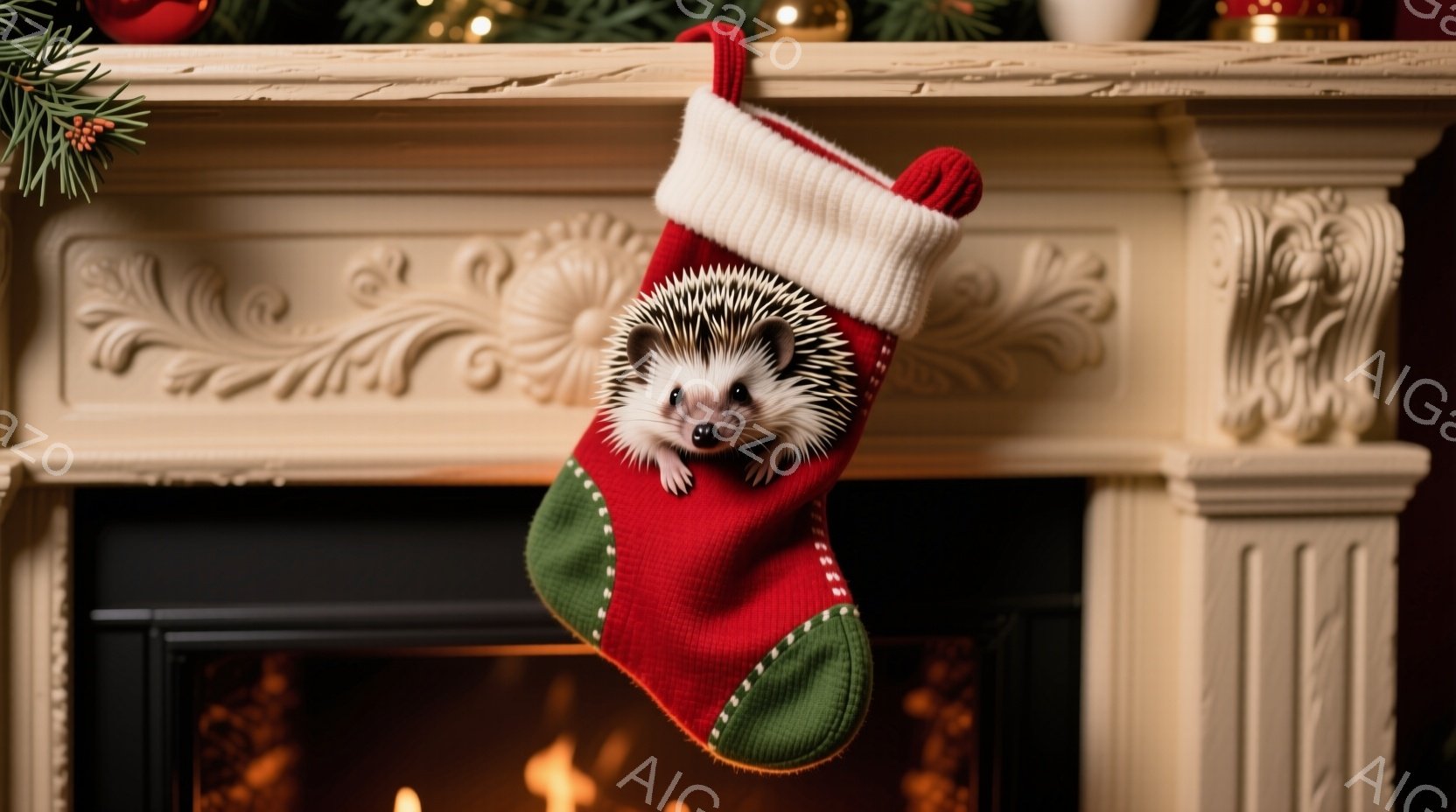 真っ赤なクリスマスストッキングの中から、可愛らしいハリネズミが顔を出しています。ハリネズミは好奇心旺盛な表情で、少し上目遣いにこちらを見ています。ストッキングは暖炉の白いマントルピースに掛けられ、暖炉 - AI生成フリー素材