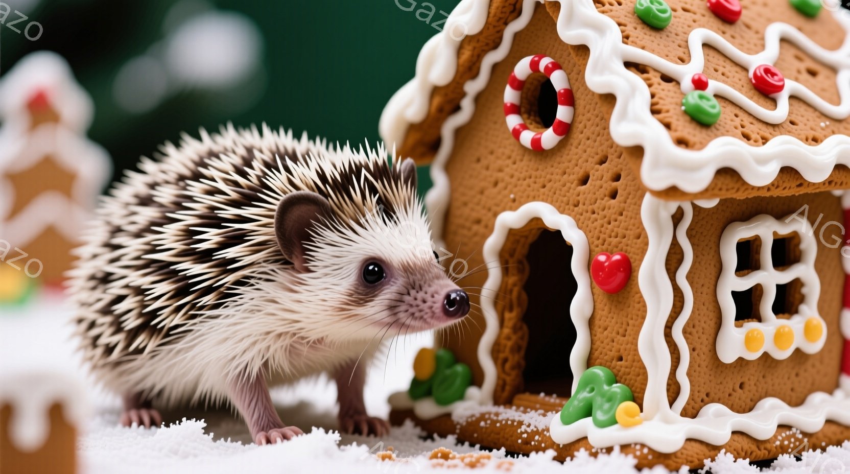 雪の上に可愛らしいハリネズミが立っており、その横にはジンジャーブレッドハウスがあります。ハリネズミは少し前かがみになり、何かに興味津々な表情をしています。背景には他のジンジャーブレッドの飾りも見え、全体的に暖かく、お祝いムードの漂う冬の情景です。