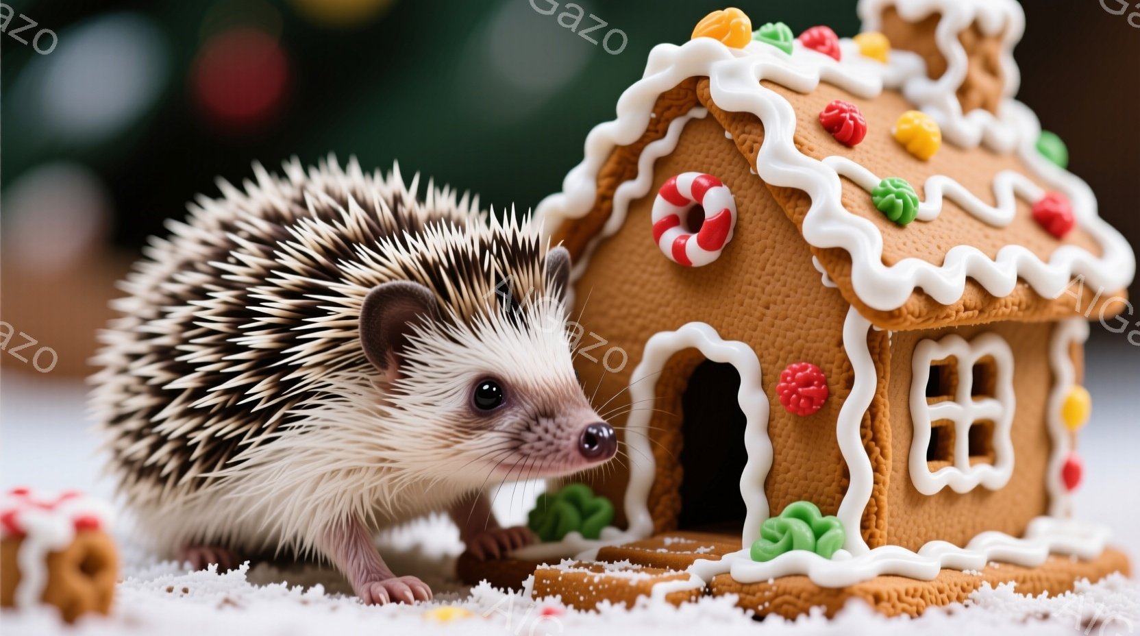 白い雪の上に、可愛らしいハリネズミがジンジャーブレッドハウスの前に佇んでいます。ハリネズミは鼻をハウスの入り口に近づけ、好奇心旺盛な表情をしています。背景にはぼやけた緑色の装飾が見え、全体的に温かく、お祝いムードに満ちた雰囲気です。