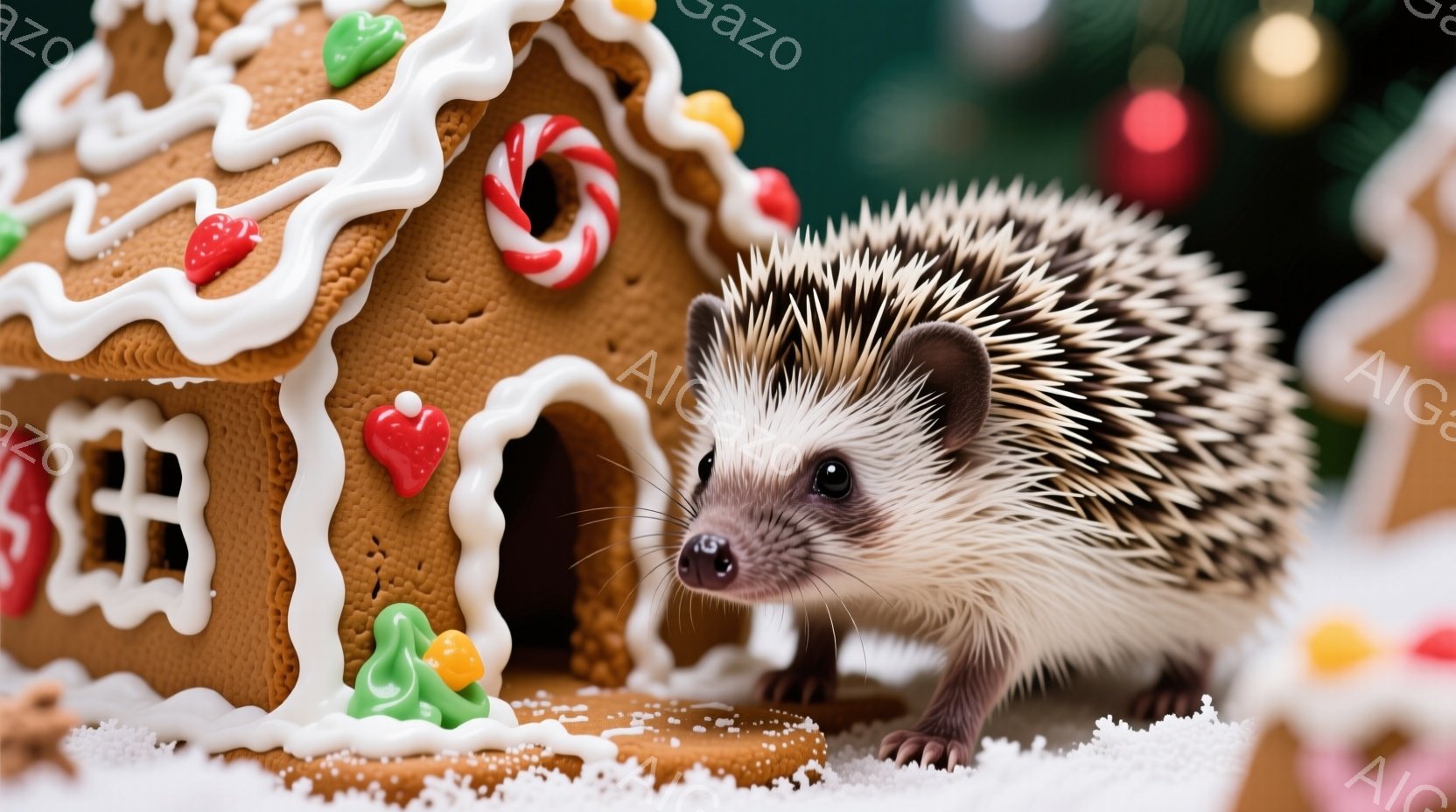 可愛らしいハリネズミが、ジンジャーブレッドで作られた家の前に立っています。背景には、雪が降るクリスマスツリーがぼやけて見え、お祝いムードを盛り上げています。ハリネズミは前足を少し伸ばし、好奇心旺盛な表 - AI生成フリー素材