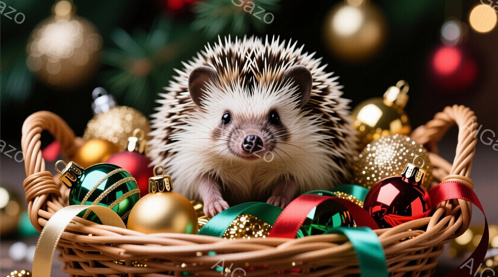 籠の中に可愛らしいハリネズミが丸まって座っており、クリスマスのオーナメントに囲まれています。ハリネズミは小さな鼻と丸い目をしており、少し緊張した表情でこちらを見ています。背景はぼかされており、クリスマスの装飾が光り、温かく、お祝いの雰囲気を醸し出しています。