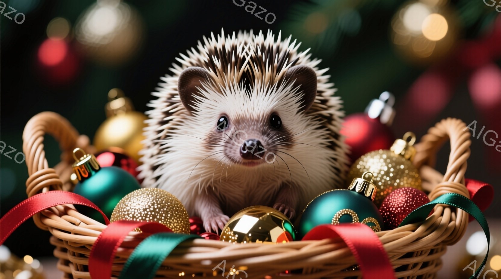 籠の中に小さなハリネズミが座っており、周囲には赤や緑、金色のクリスマスオーナメントが散りばめられています。ハリネズミは丸いシルエットで、小さな鼻と黒い目をしており、穏やかな表情でこちらを見ています。背景はぼやけており、クリスマスツリーの光がちらちらと輝き、暖かくお祝いムードを演出しています。