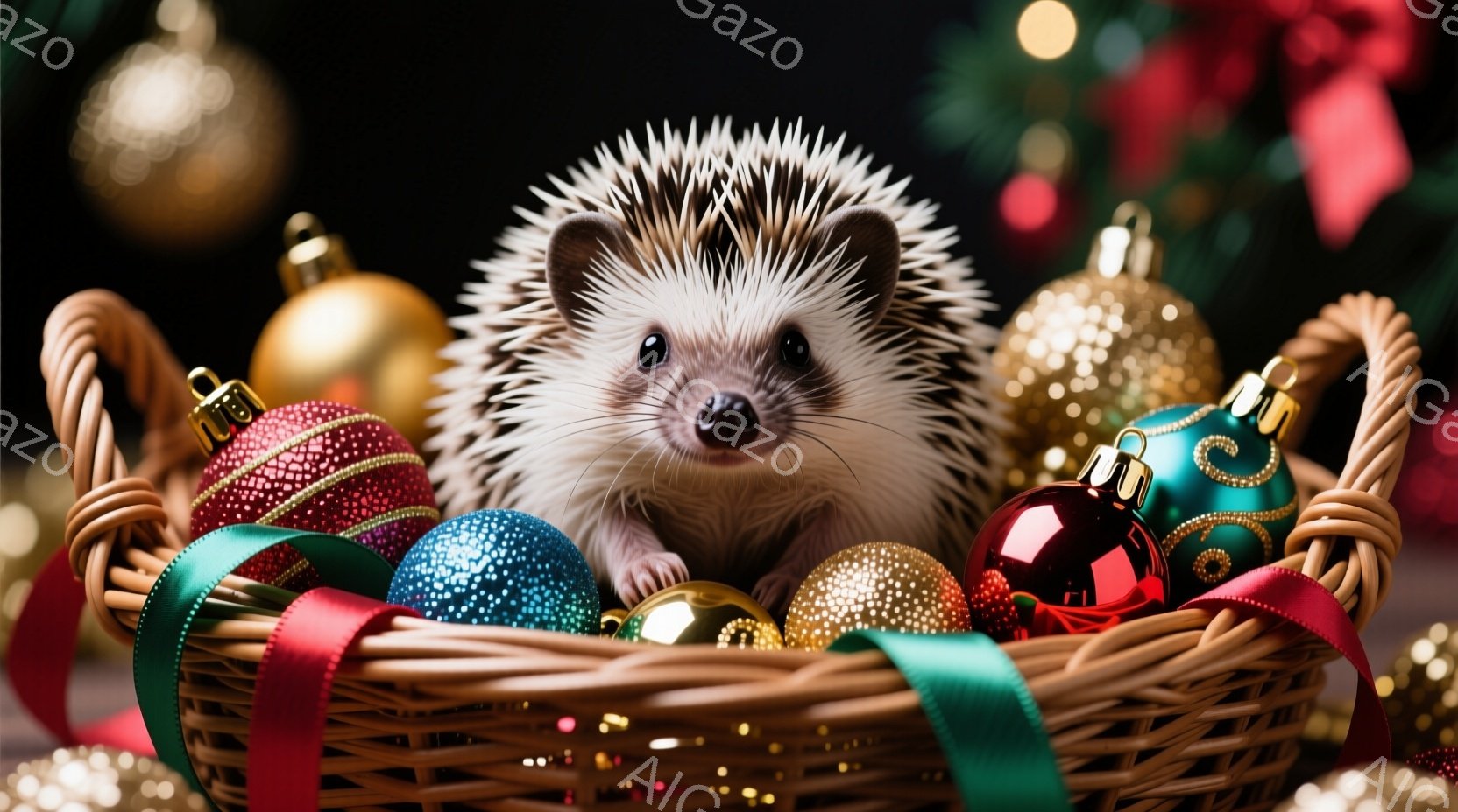 小さなハリネズミが、クリスマスオーナメントとリボンで飾られた籠の中にいます。その表情は穏やかで、好奇心旺盛にこちらを見つめています。背景にはぼやけたクリスマスツリーの光が輝き、暖かく、お祝いの雰囲気を醸し出しています。