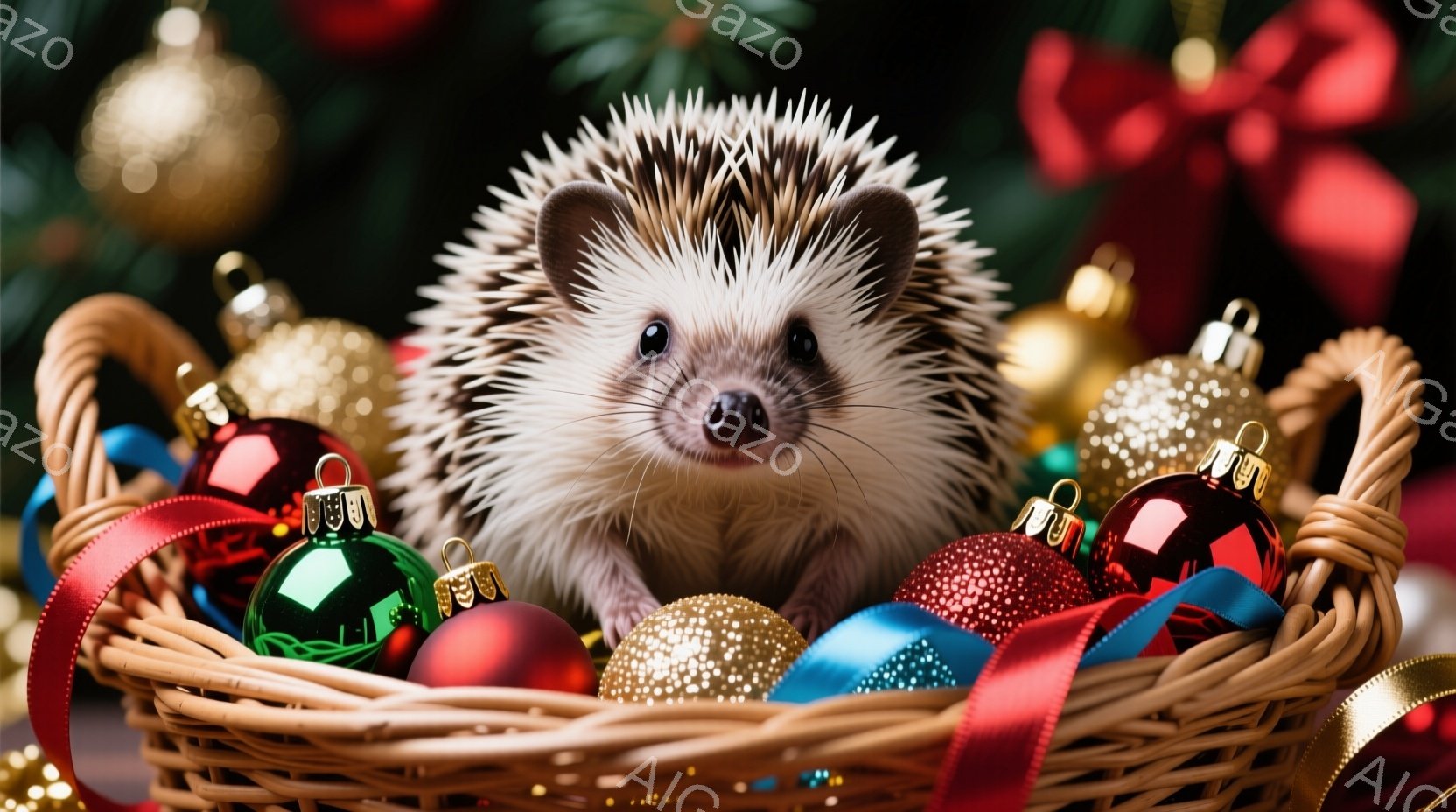 籠の中に、可愛らしいハリネズミが丸まって座っています。周りには赤、緑、金色のクリスマスオーナメントが散りばめられ、リボンが飾られています。背景にはぼやけたクリスマスツリーが見え、暖かく、お祝いの雰囲気を醸し出しています。