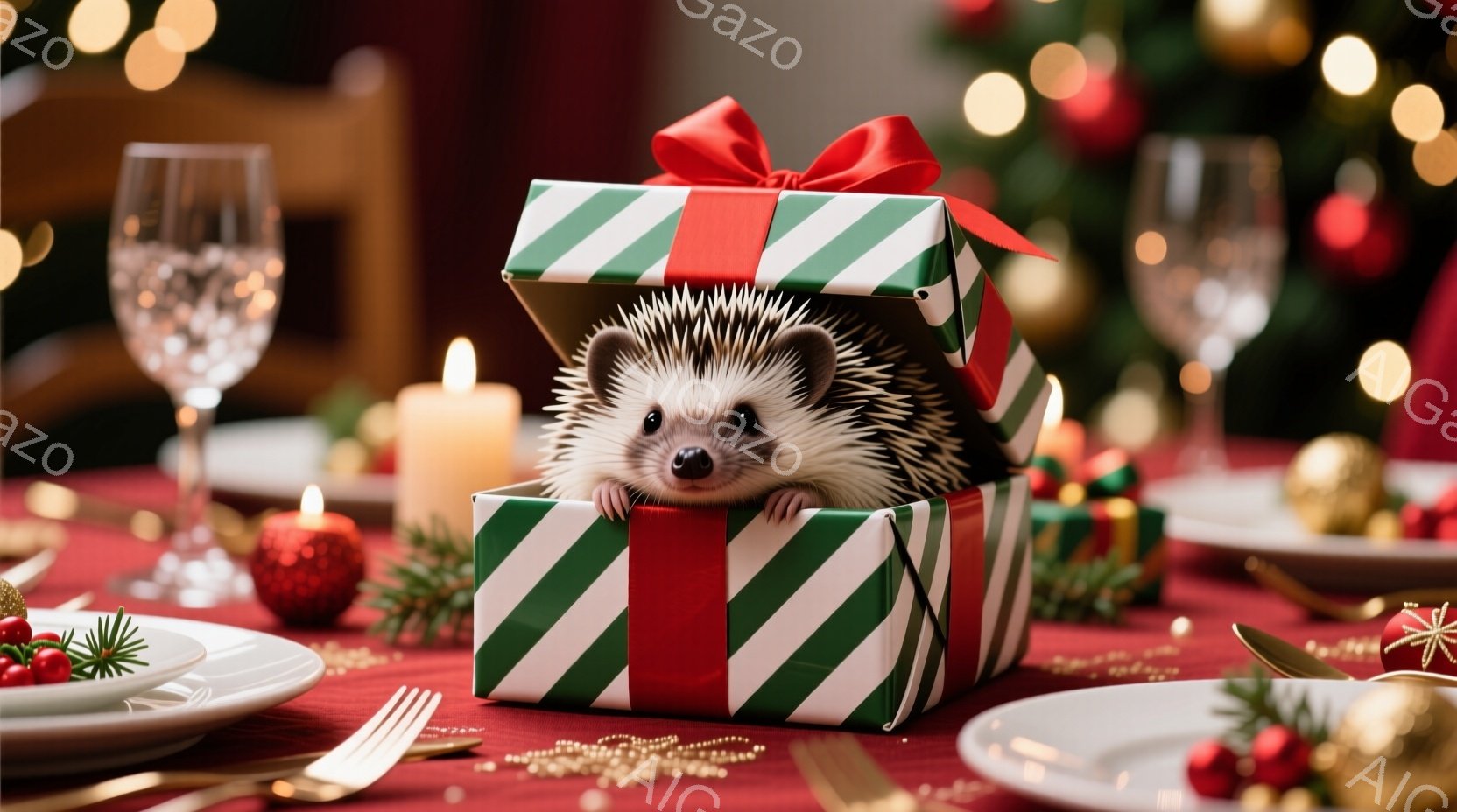 クリスマスらしい赤いテーブルクロスの上に、緑と赤のストライプ模様のギフトボックスが置かれ、その中にハリネズミが可愛らしく顔を出しています。周りにはキャンドルや食器が配置され、華やかなディナーの準備が進んでいる様子が伺えます。背景にはぼやけたクリスマスツリーの光が灯り、温かく幻想的な雰囲気を醸し出しています。