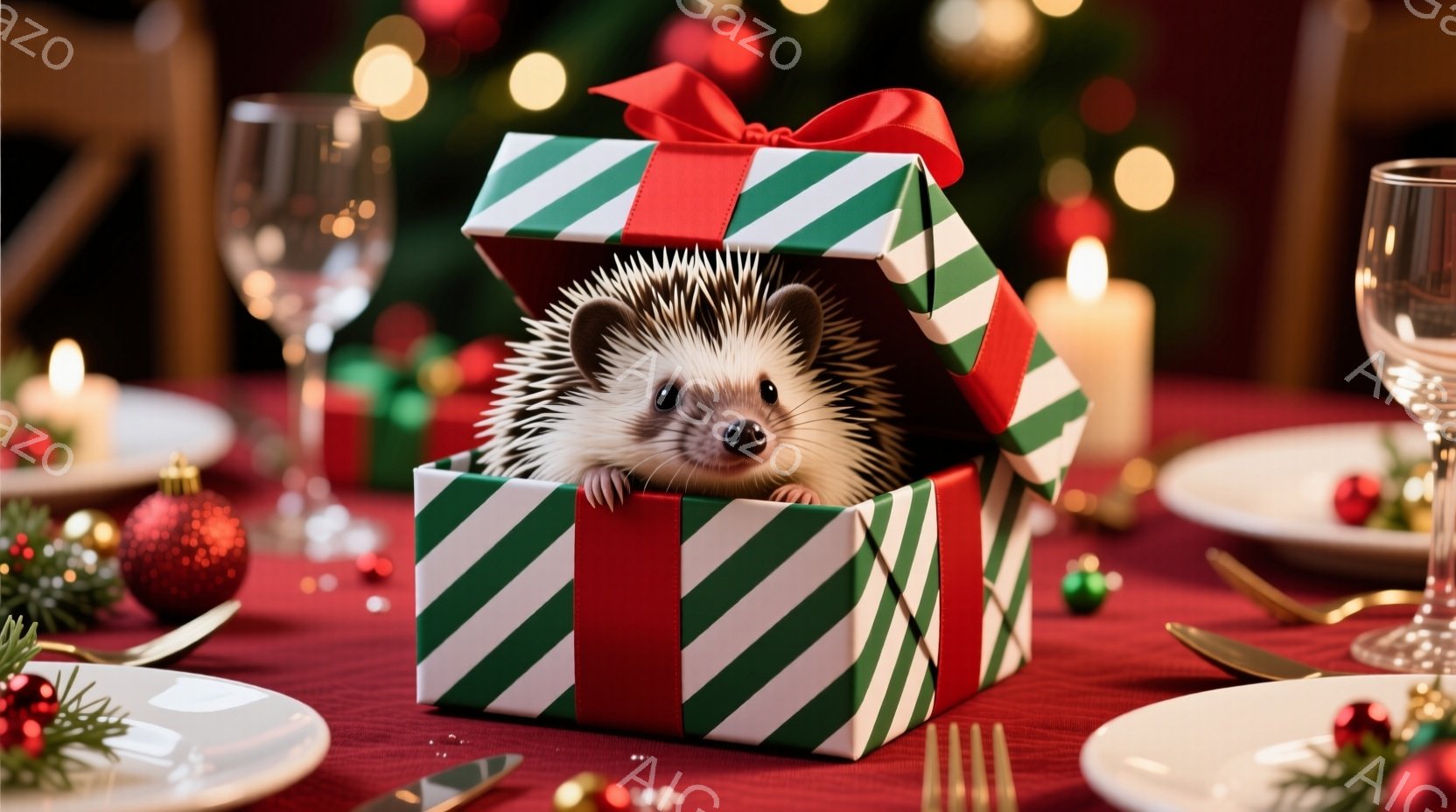 クリスマスを祝うかのように、箱の中からハリネズミが顔を出している様子が描かれている。赤いテーブルクロスの上に置かれた箱は緑と赤のストライプ模様で、リボンが結ばれている。背景には、ぼやけたクリスマスツリーやキャンドル、食器類が見え、温かく華やかなクリスマスの雰囲気が漂っている。