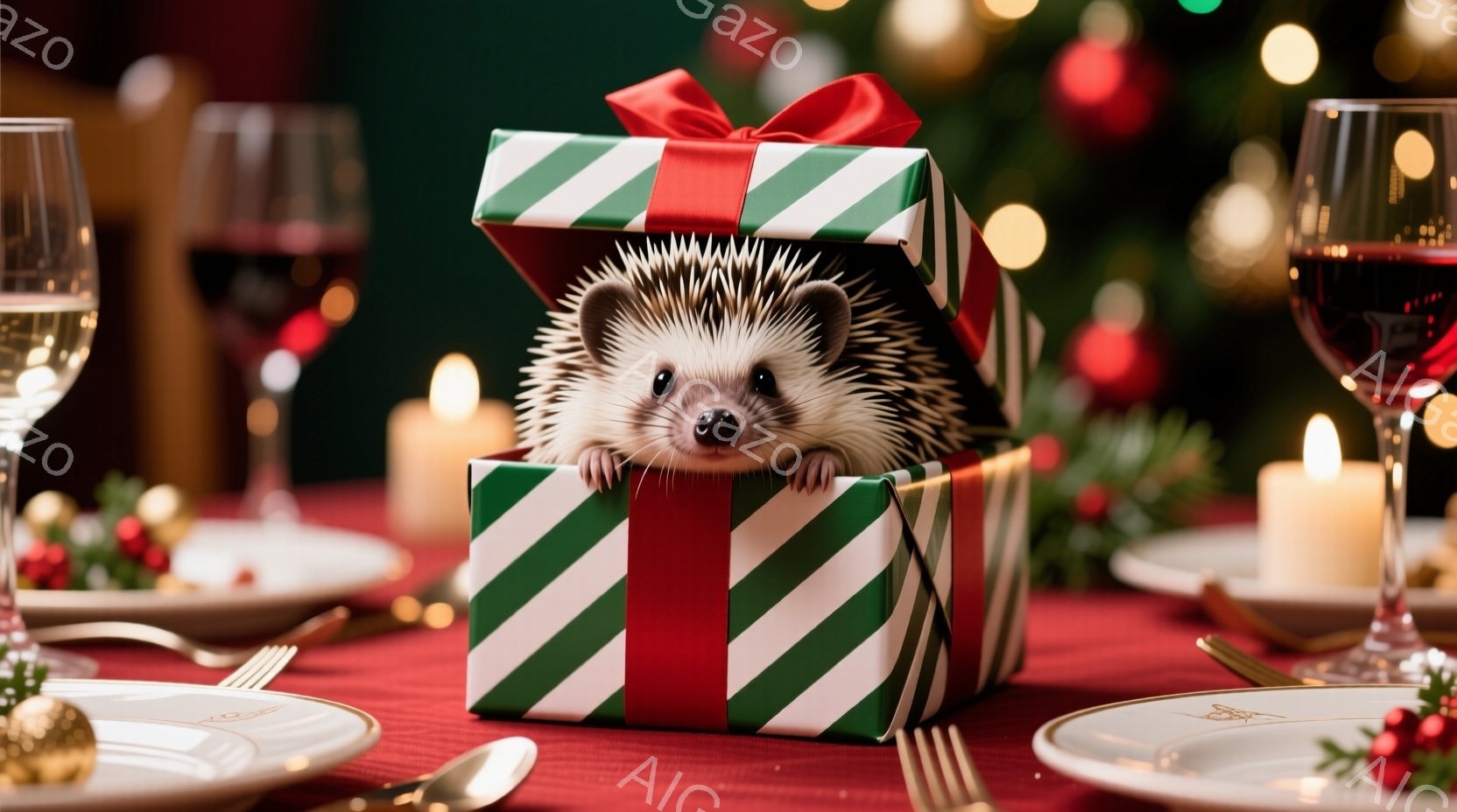 真っ赤なテーブルクロスの上に、緑と赤のストライプのギフトボックスが置かれ、その中からハリネズミが顔を出しています。ハリネズミは好奇心旺盛な表情でカメラを見つめ、小さな前足を箱の縁に添えています。背景には、ぼやけたクリスマスツリーと、キャンドルや食器が配置された食卓が見え、温かくお祝いムードな雰囲気が漂っています。