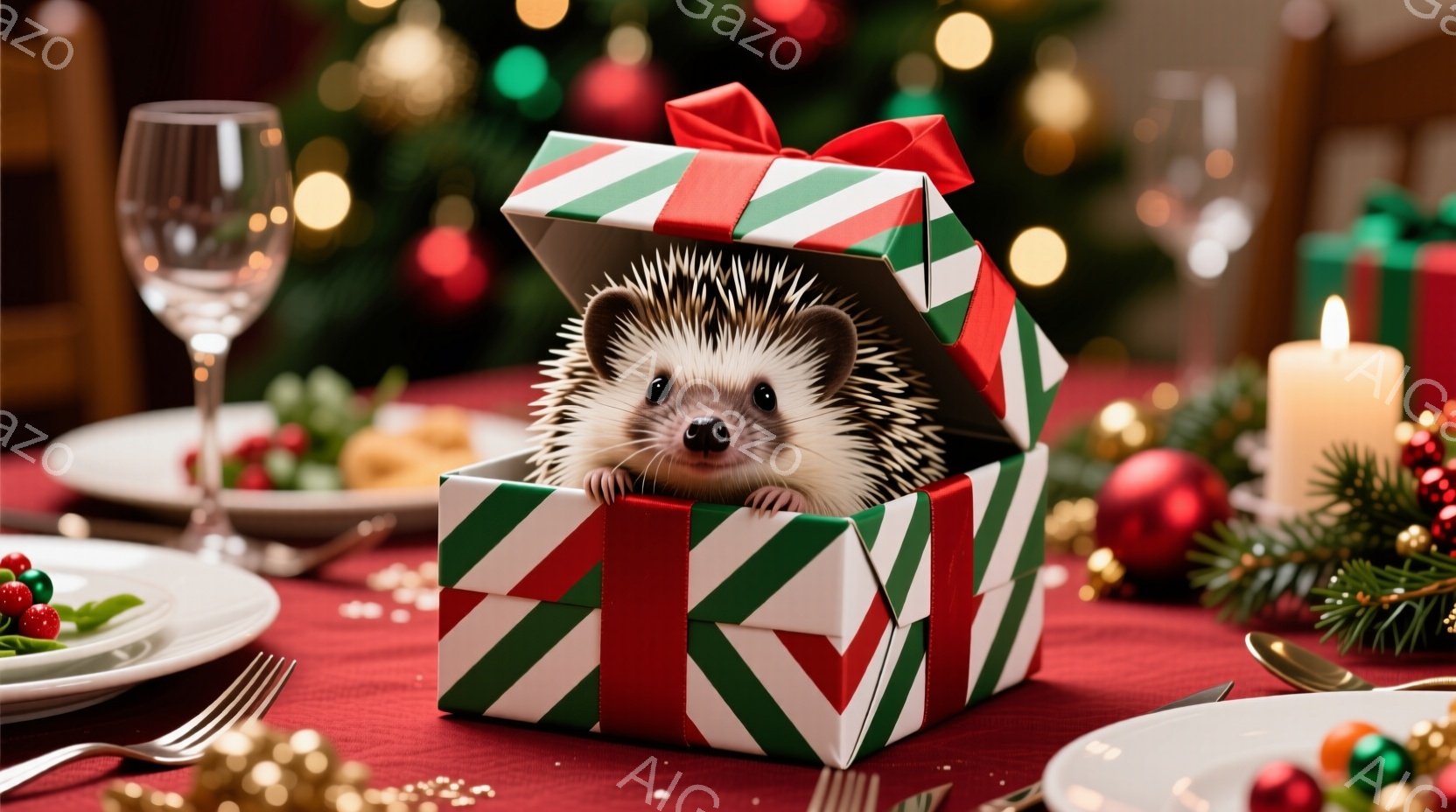 クリスマスをテーマにしたテーブルの上に、箱の中から可愛らしいハリネズミが顔を出しています。ハリネズミは箱の縁に寄りかかり、好奇心と少しの戸惑いが入り混じった表情をしています。背景には、クリスマスツリーやキャンドル、食器などが配置され、温かく華やかなクリスマスの雰囲気が漂っています。
