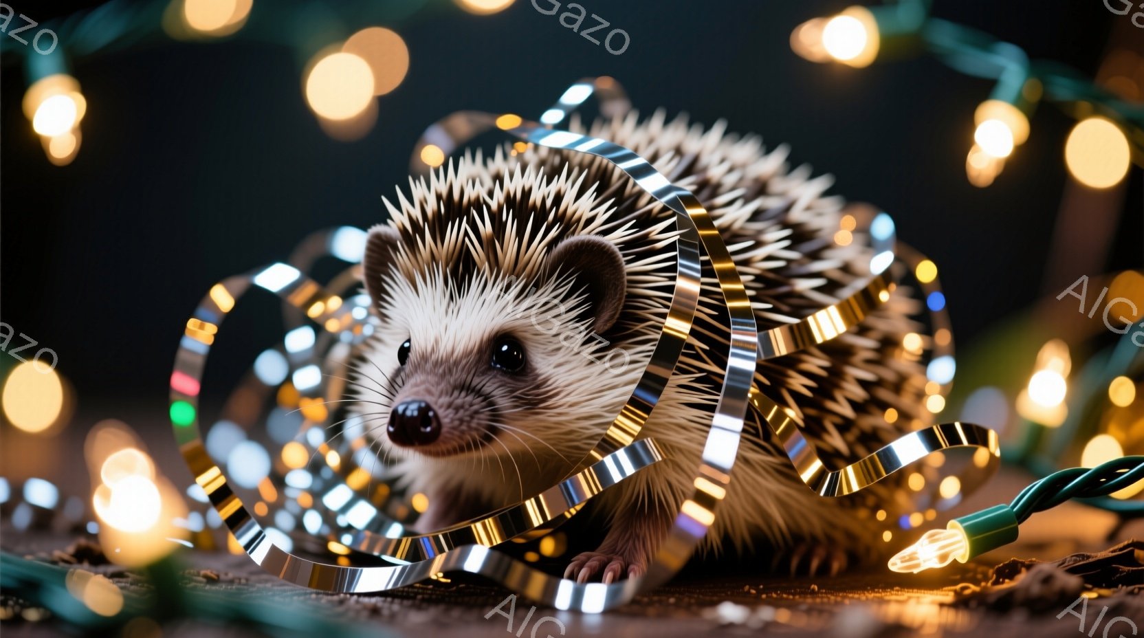 可愛らしいハリネズミが、キラキラと輝く銀色のリボンとクリスマスのイルミネーションに囲まれて写っています。それは前足を前に出し、少し警戒した表情で何かをじっと見つめており、短い足と丸い体は愛らしい姿を強調しています。背景は暗く、ぼやけた光の粒が散りばめられており、クリスマスの温かく幻想的な雰囲気を醸し出しています。