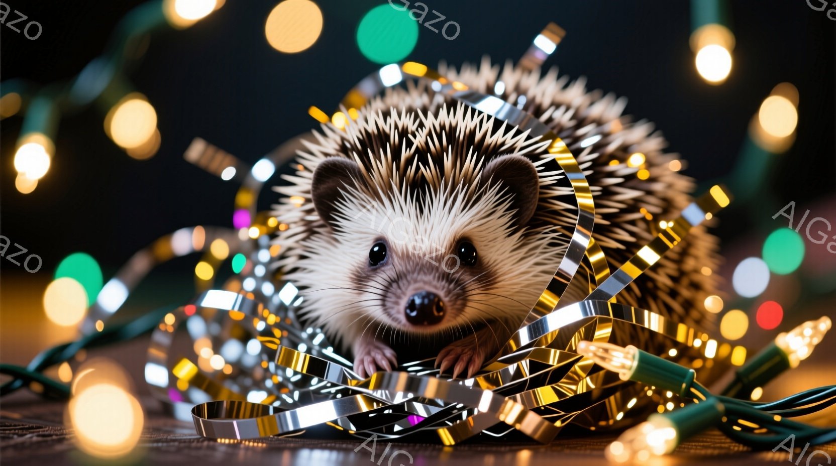 可愛らしいハリネズミが、キラキラと光るクリスマスライトに囲まれて写っています。茶色い体に鋭い針を持ち、小さな前足でライトを掴んでいる様子は愛らしいです。背景は暗く、ライトの温かい光がハリネズミを照らし出し、お祝いムードを醸し出しています。