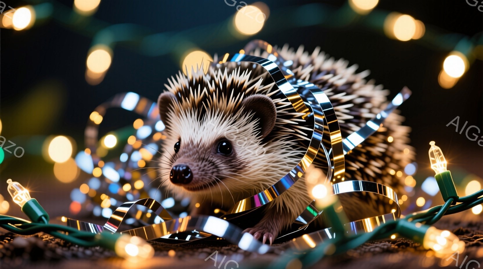 可愛らしいハリネズミが、光るクリスマスツリーのイルミネーションに囲まれて座っています。短い鼻先が覗き、つぶらな瞳が好奇心旺盛に光り、周囲を注意深く見渡している様子が伺えます。背景は暗く、ぼやけた光の粒が幻想的な雰囲気を醸し出しています。