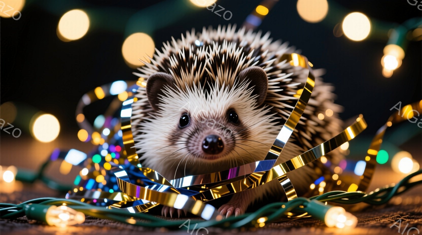 可愛らしいハリネズミが、キラキラと光るホリデーライトとリボンに囲まれて座っています。その表情は少し緊張しているようにも見えますが、好奇心旺盛な瞳が印象的です。背景は暗く、ライトの輝きがより一層ハリネズミを際立たせて、温かくお祝いの雰囲気を作り出しています。