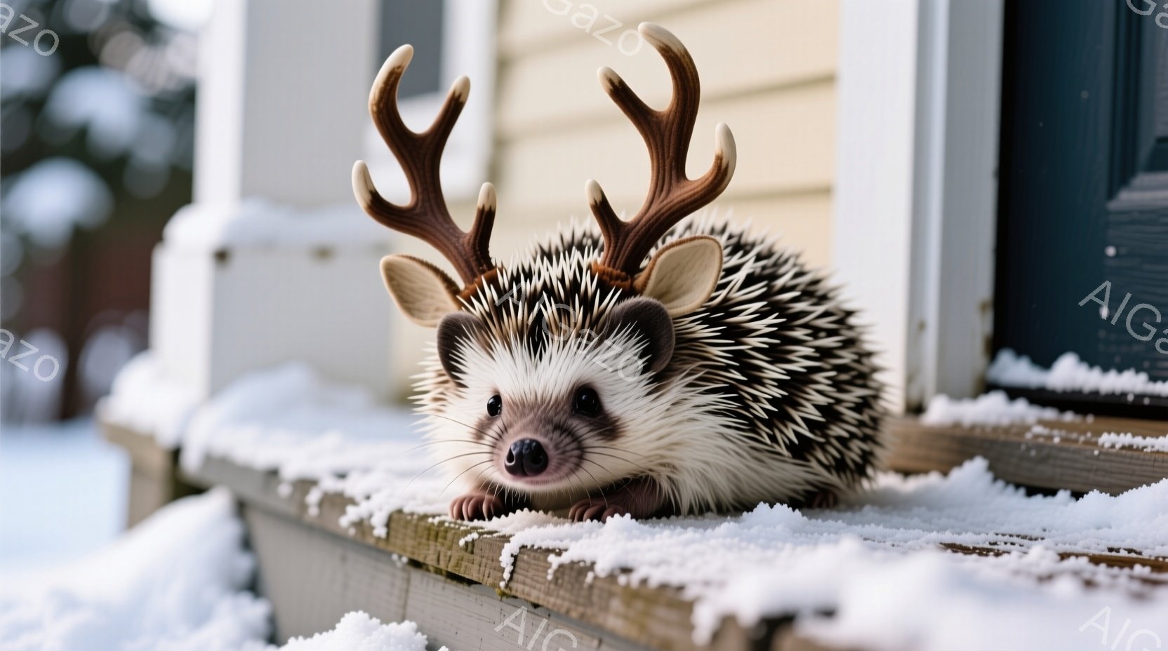 雪が積もった家の外の段差に、角のような飾りを頭につけたハリネズミが座っています。その表情は穏やかで、小さな鼻と黒い目が可愛らしいです。背景は雪景色で、家の一部が見え、冬の静寂と暖かさを感じさせる穏やかな雰囲気です。