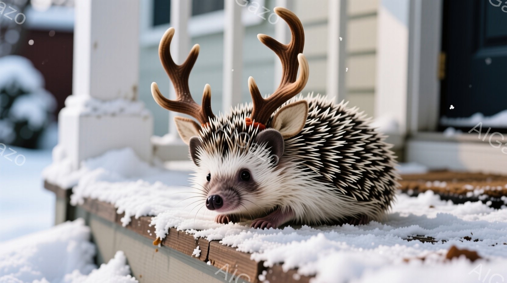 白い雪が積もった外のフェンスの上に、小さなハリネズミが立っている。頭には小さな角のような飾りをつけており、少し驚いたような表情でこちらを見ている。背景には雪で覆われた家や庭があり、冬の静かな雰囲気が漂っている。