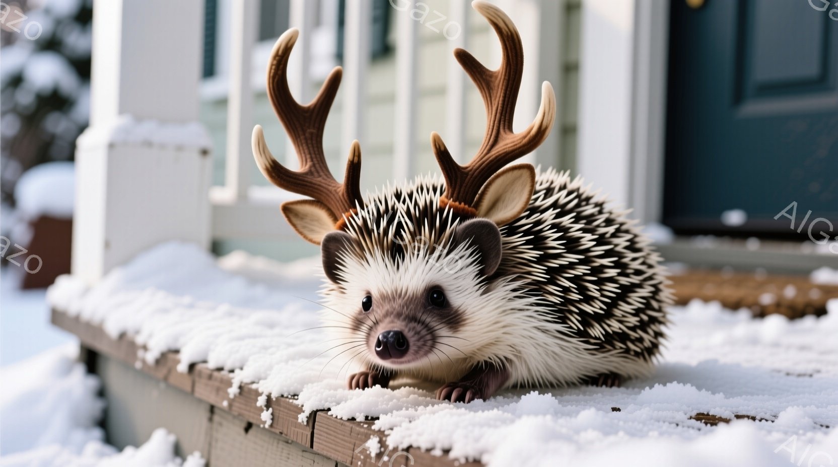 白い雪に覆われた家の外の縁側に、小さなハリネズミが立っています。そのハリネズミは、まるで鹿のように角を頭に乗せており、少し驚いたような表情をしています。背景には雪で覆われた家と木々が見え、冬の静かで幻想的な雰囲気を醸し出しています。