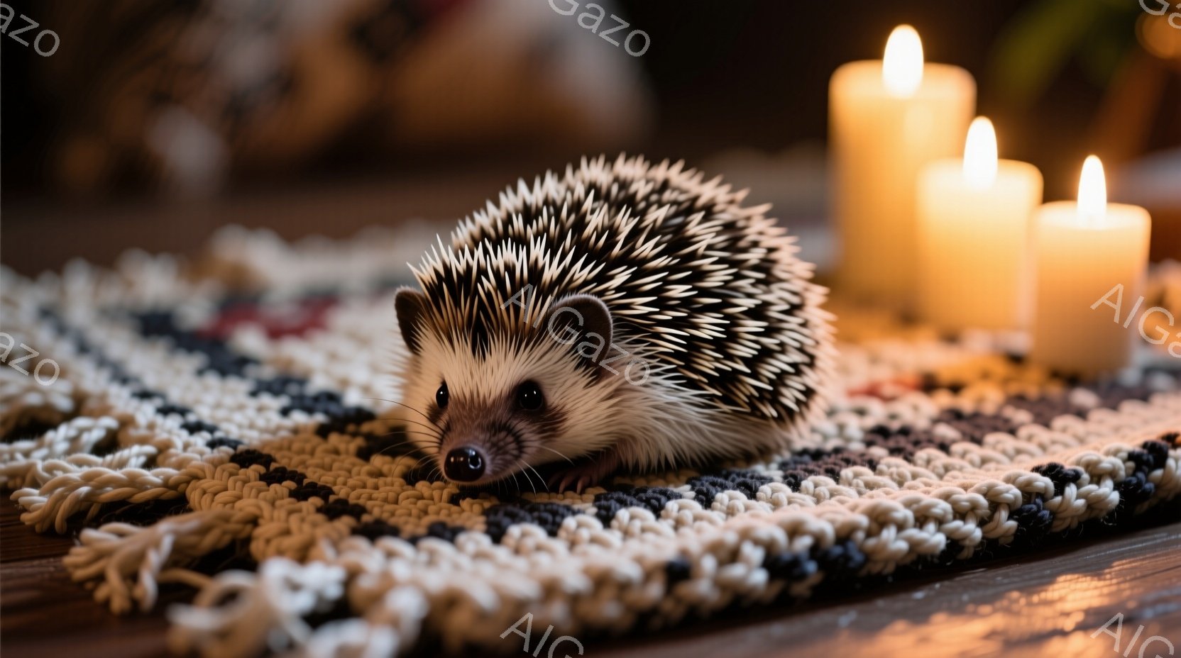 手編みの模様のラグの上にいるハリネズミが写っています。そのハリネズミは、小さな顔をわずかに持ち上げており、周囲を警戒しているように見えます。背景には、薄暗い光を放つ複数のロウソクが置かれ、温かく穏やかな雰囲気を醸し出しています。