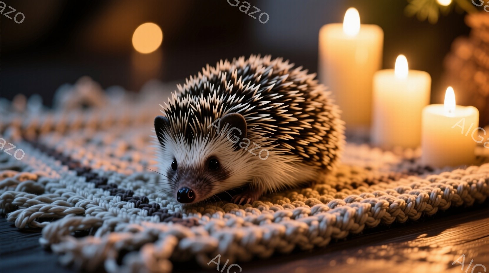 小さなハリネズミが、ざっくりとした編み物のマットの上に横たわっています。背景には、温かい光を放つキャンドルがいくつか置かれ、ぼんやりとした光が周囲を照らしています。全体的に、暖かく、落ち着いた、心地よい雰囲気です。