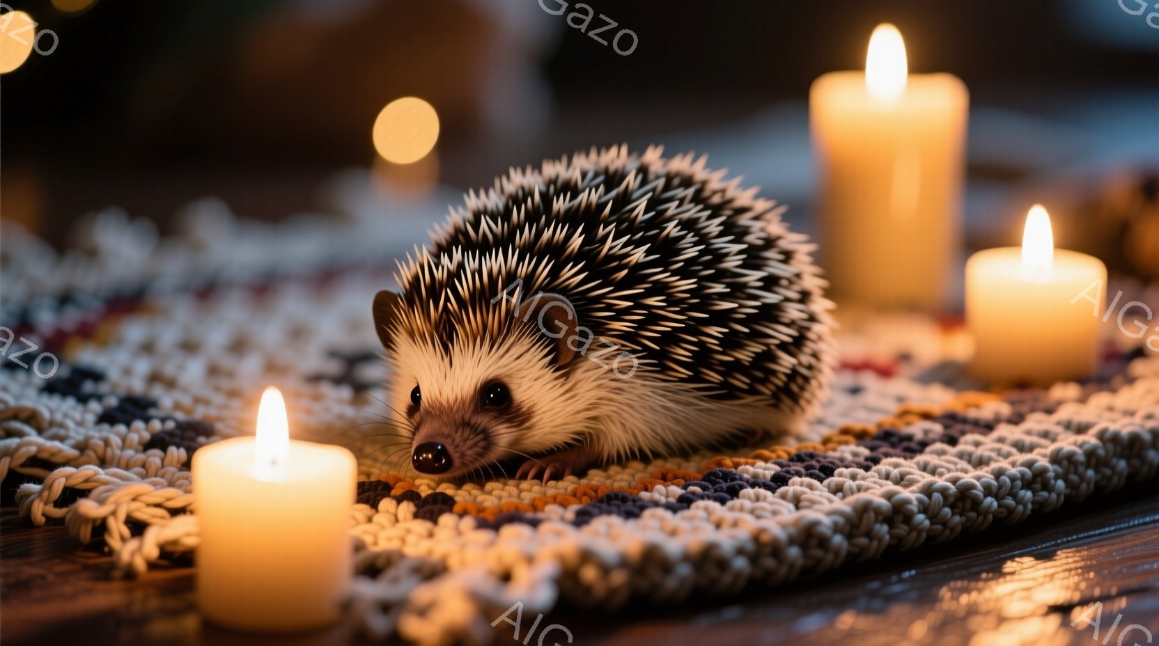 暖炉のそばのような木製のテーブルの上に、可愛らしいハリネズミが丸まって眠っている様子が写っている。周りには温かみのある光を放つキャンドルが数本置かれ、手触りの良さそうな編み物の敷物がテーブルを覆っている。全体的に落ち着いた雰囲気で、温かく、居心地の良い空間を表現している。