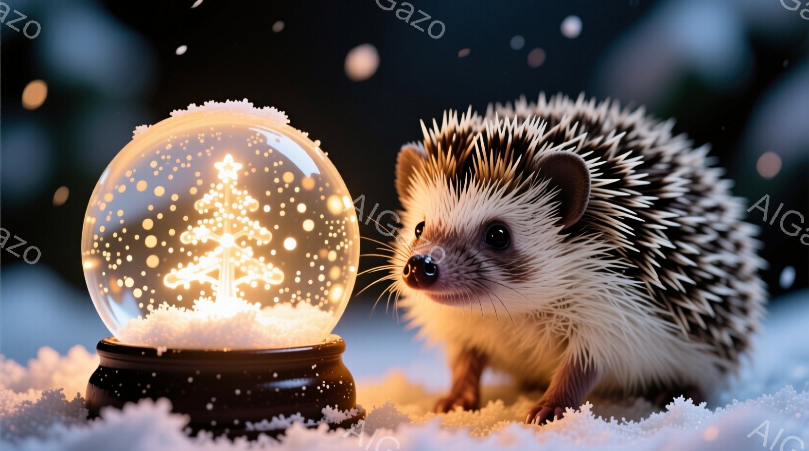 雪が舞う暗い背景に、可愛らしいハリネズミが雪の上に立っている。左側には、中に光るクリスマスツリーが入った雪の玉が置かれており、ハリネズミは右を向き、好奇心旺盛な表情で玉を見つめている。全体的に冬の暖かく幻想的な雰囲気が漂っている。