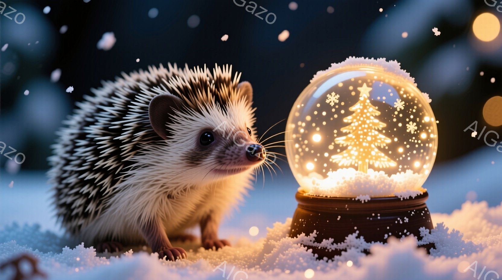 雪が降る中、可愛らしいハリネズミが雪玉の中に置かれたクリスマスツリーの雪の玉の横に立っている。ハリネズミは少し上を見上げており、興味深そうな表情をしている。背景は暗く、雪の玉から暖かく優しい光が放たれており、冬の暖かく幻想的な雰囲気を醸し出している。
