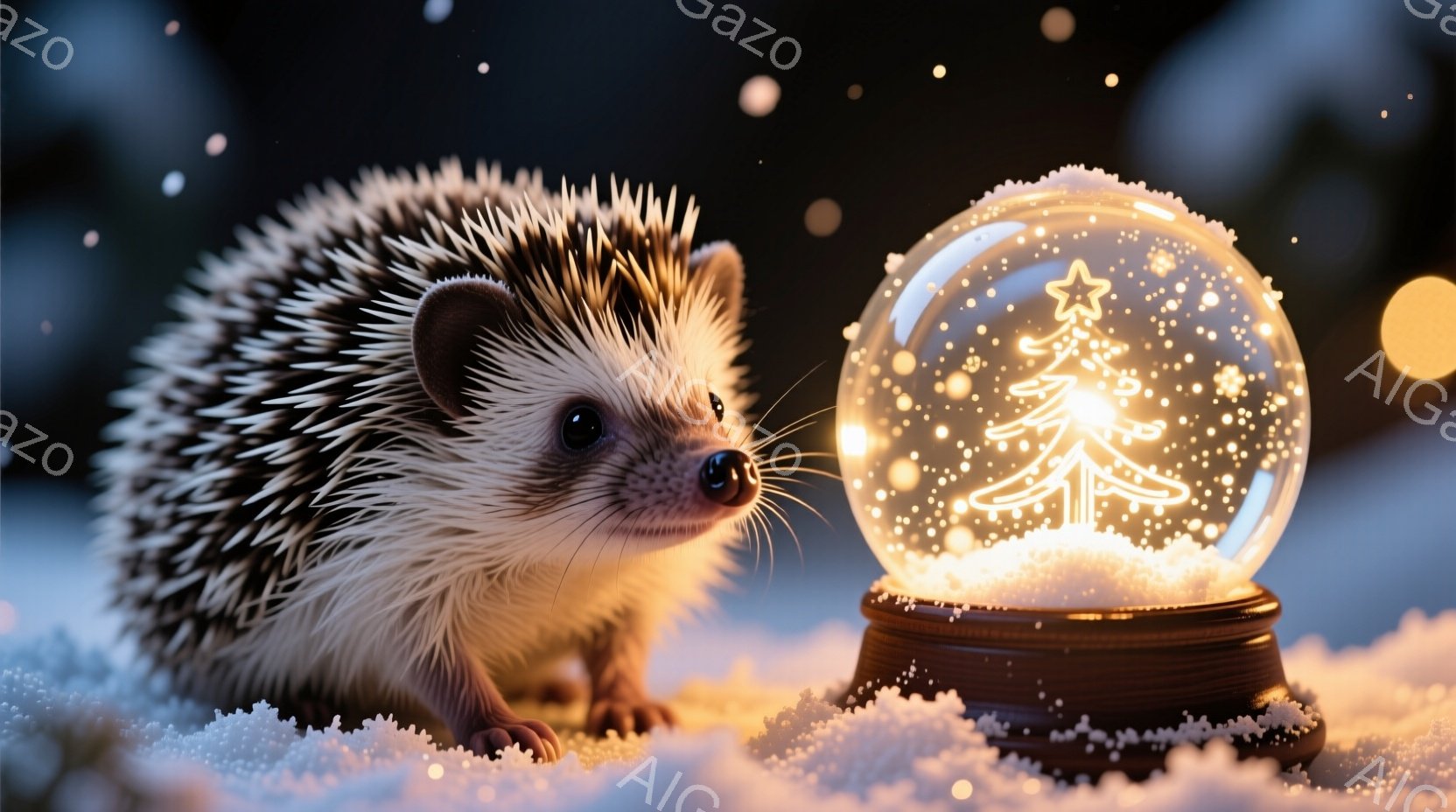 白い雪の上にいるハリネズミが、光り輝くスノーグローブを見つめている。ハリネズミは小さな茶色の鼻とつぶらな瞳を持ち、冬の装いのスノーグローブの中には小さなクリスマスツリーが描かれている。背景は暗く、雪が舞い、温かく幻想的な雰囲気を醸し出している。